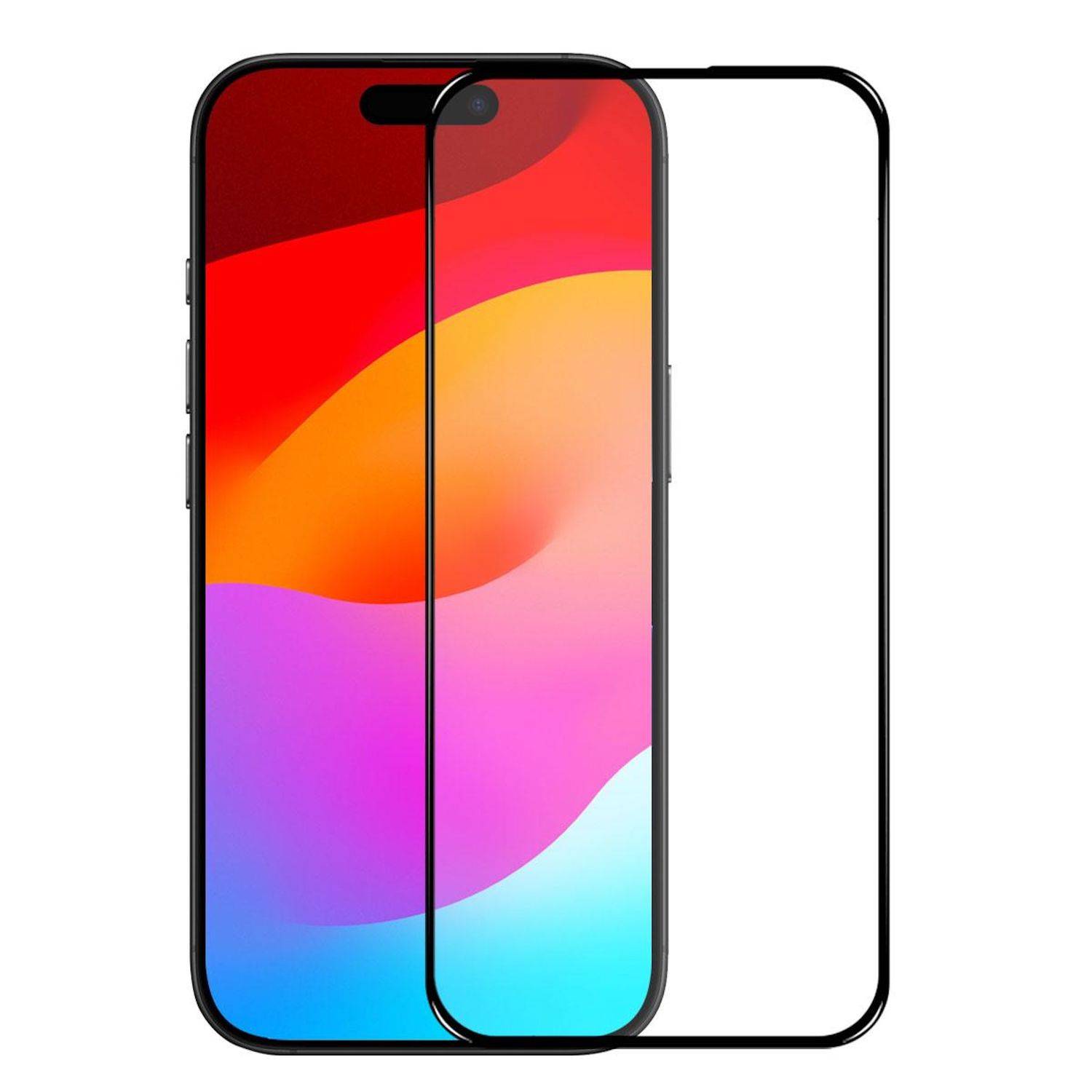 Zwei überlappende Smartphone-Bildschirme mit farbenfrohem Gradient-Hintergrundbild, die eine Vorderansicht einer Telefonanzeige mit schwarzem Rahmen zeigen.