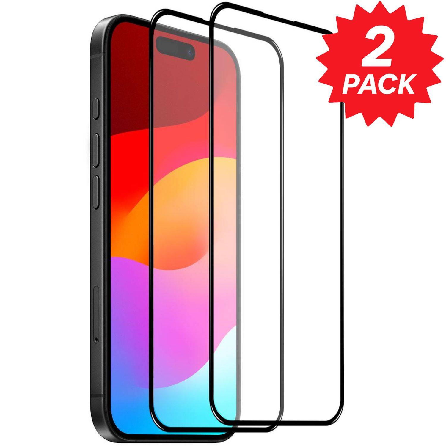 Zweier-Pack aus transparentem, gehärtetem Glas-Displayschutz für ein Smartphone, übereinander über einem Telefon angeordnet, mit einem roten „2ER-PACK