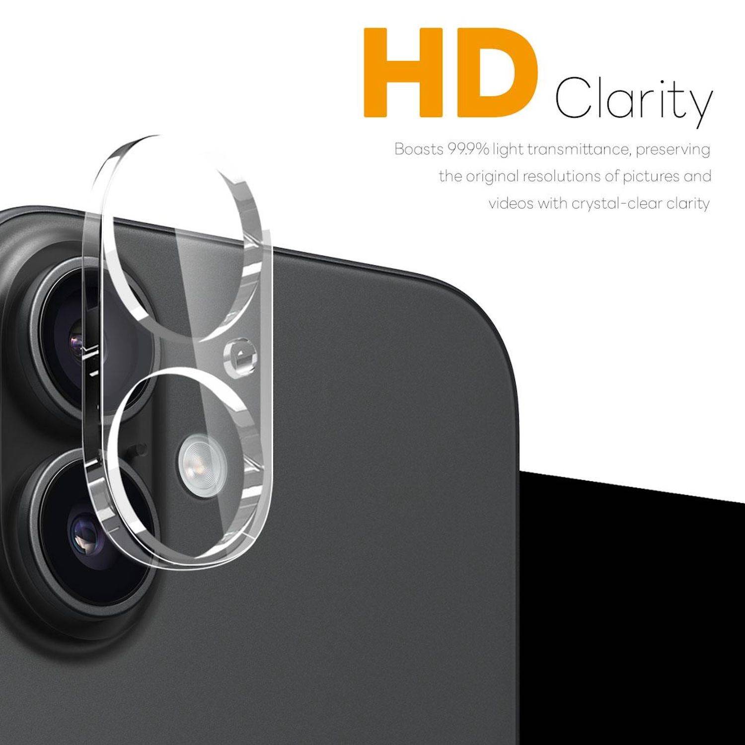 Handykamera mit transparenter Schutzlinsenabdeckung, gekennzeichnet mit „HD Clarity