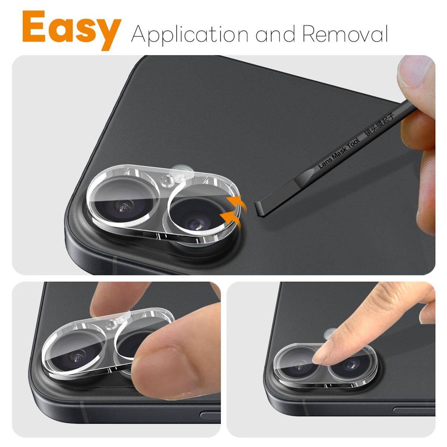 Illustration zeigt die einfache Anbringung und Entfernung eines transparenten Dual-Kamera-Objektivschutzes auf einem Smartphone mit Hilfe eines Werkzeugs und der Finger.