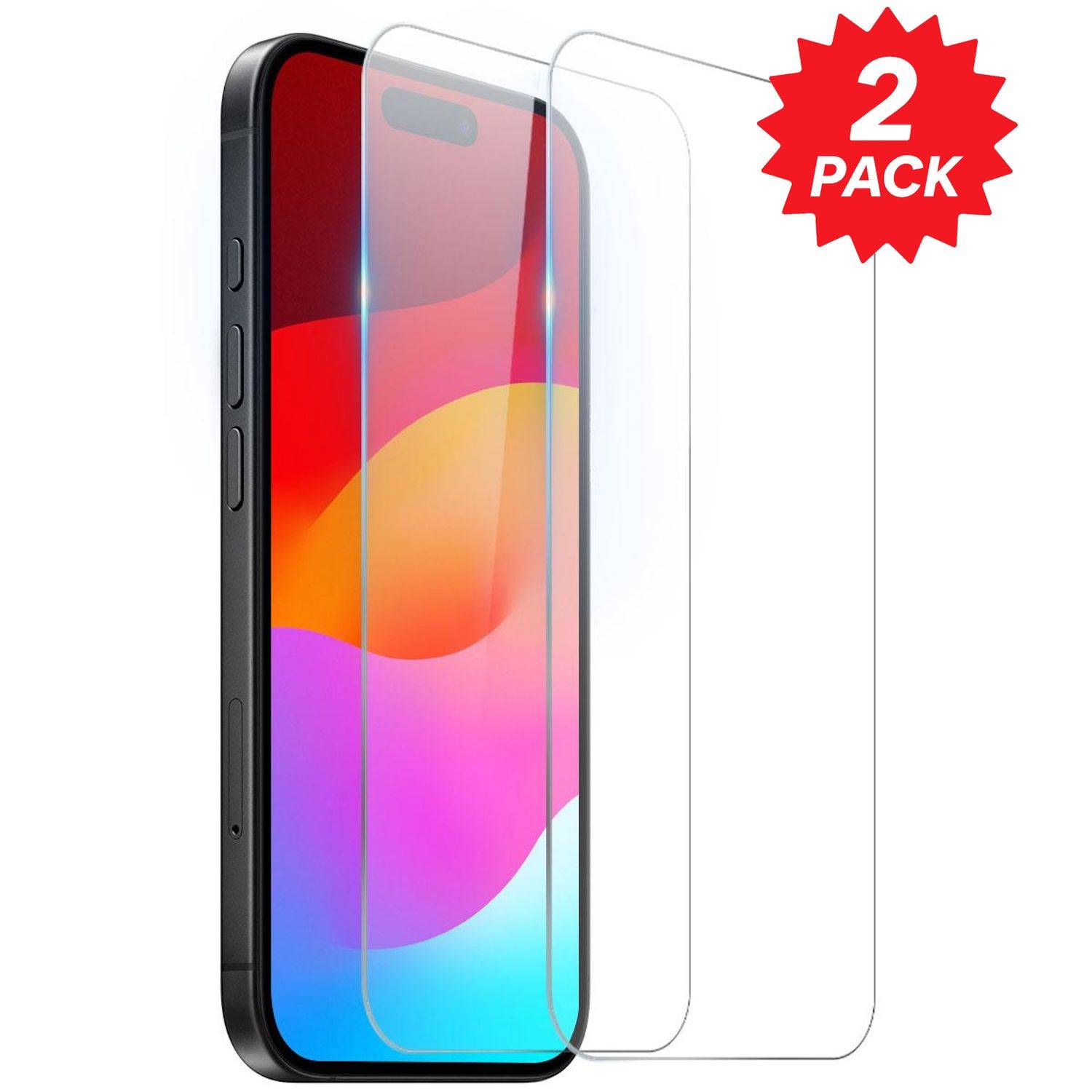 Zwei durchsichtige Displayschutzfolien, die über einem Smartphone gezeigt werden, mit der Beschriftung „2er Pack