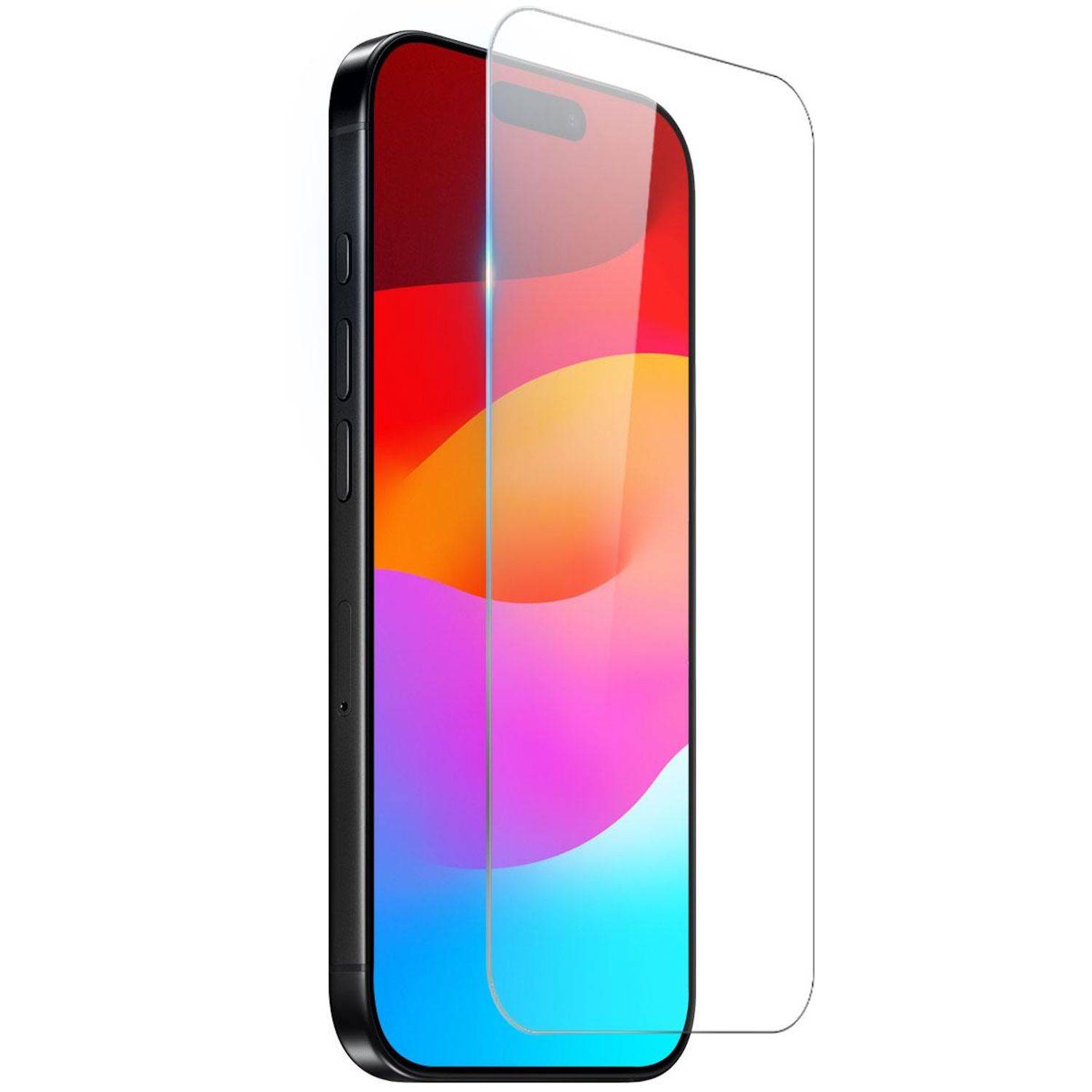 Smartphone mit durchsichtigem Displayschutz, der über das Display ausgerichtet ist, auf weißem Hintergrund.