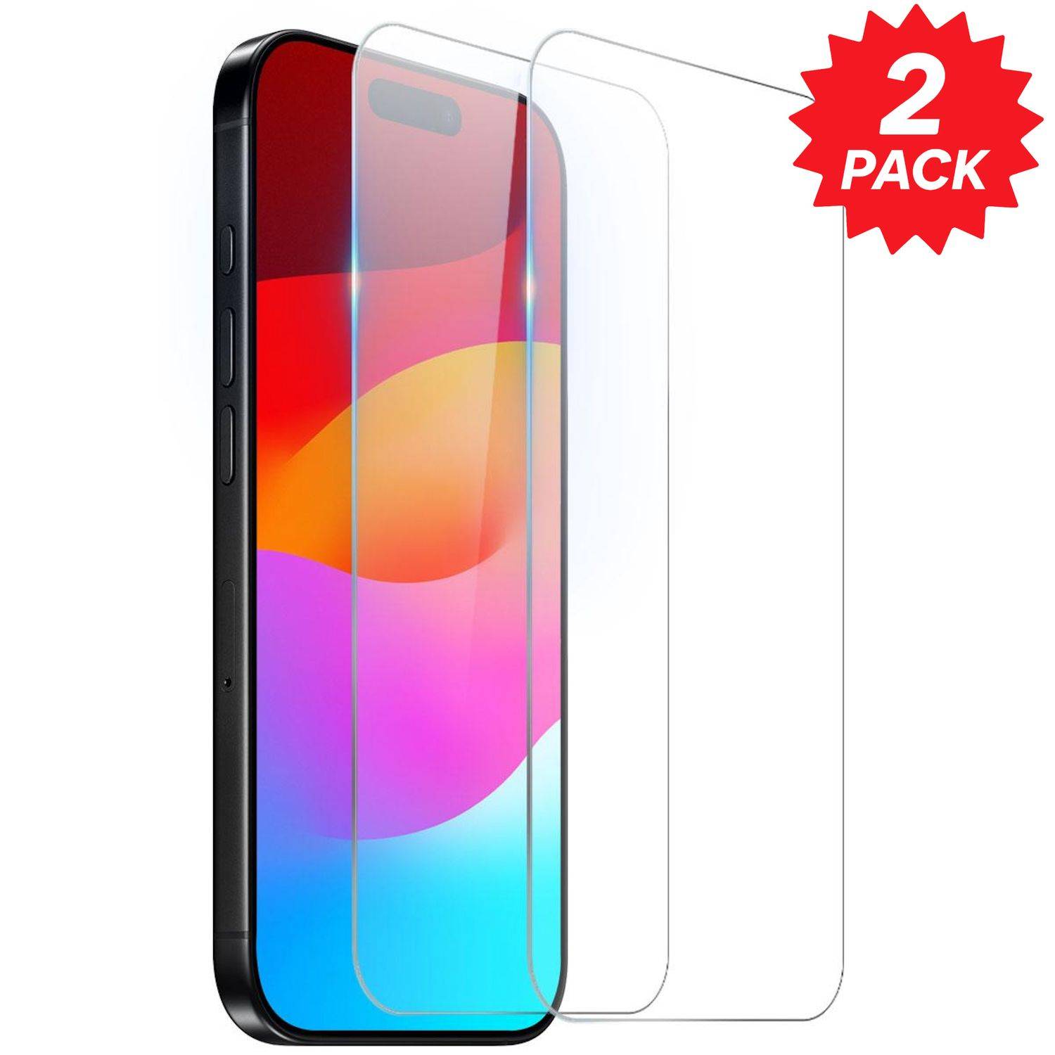 Zweier-Set aus transparenten gehärtetem Glas-Displayschutzfolien für ein Smartphone, überlagert auf einem Telefondisplay mit einem roten 