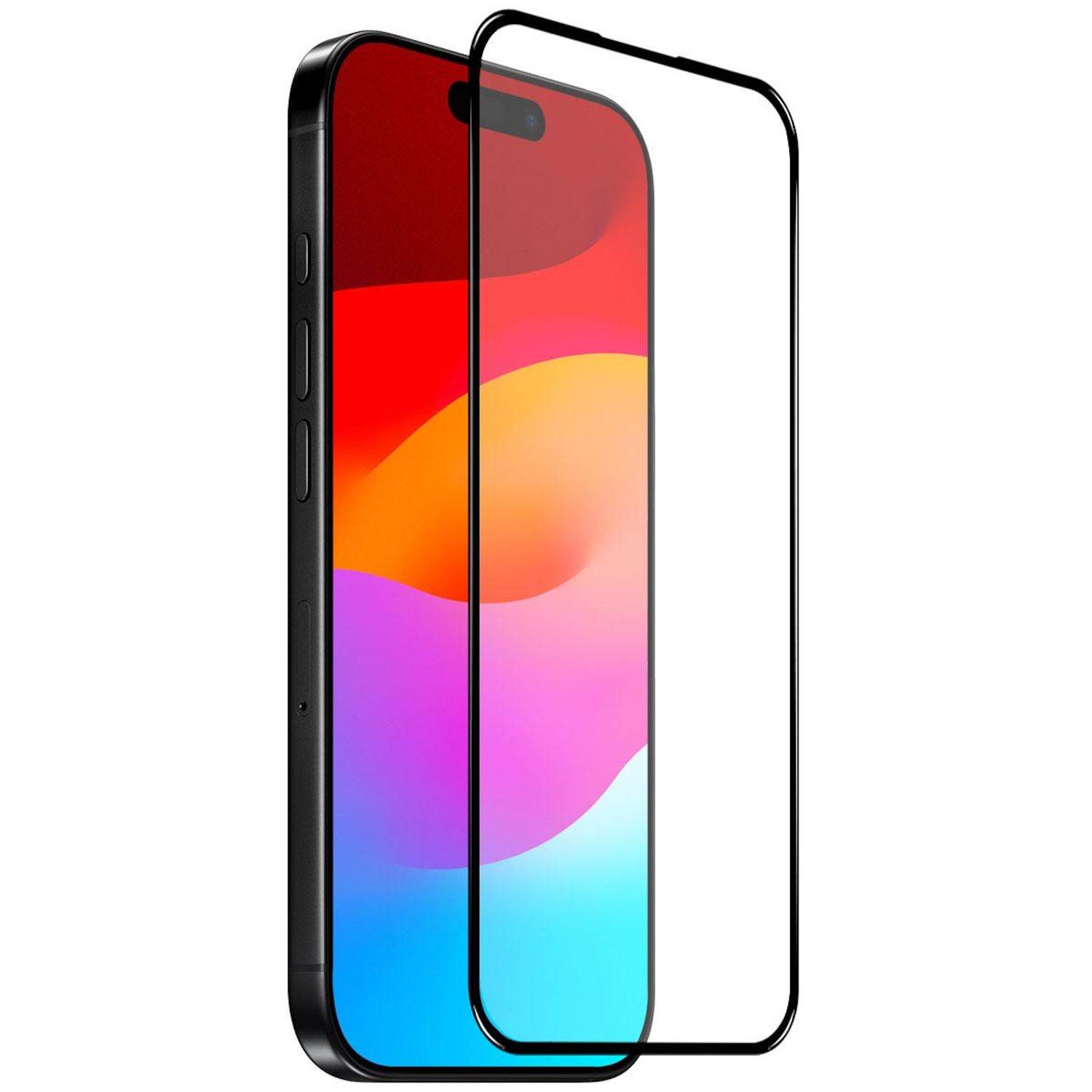 Schwarzes Smartphone mit einer klar sichtbaren Displayschutzfolie, die vorne ausgerichtet ist und einen farbenfrohen abstrakten Hintergrund auf weißem Hintergrund anzeigt.