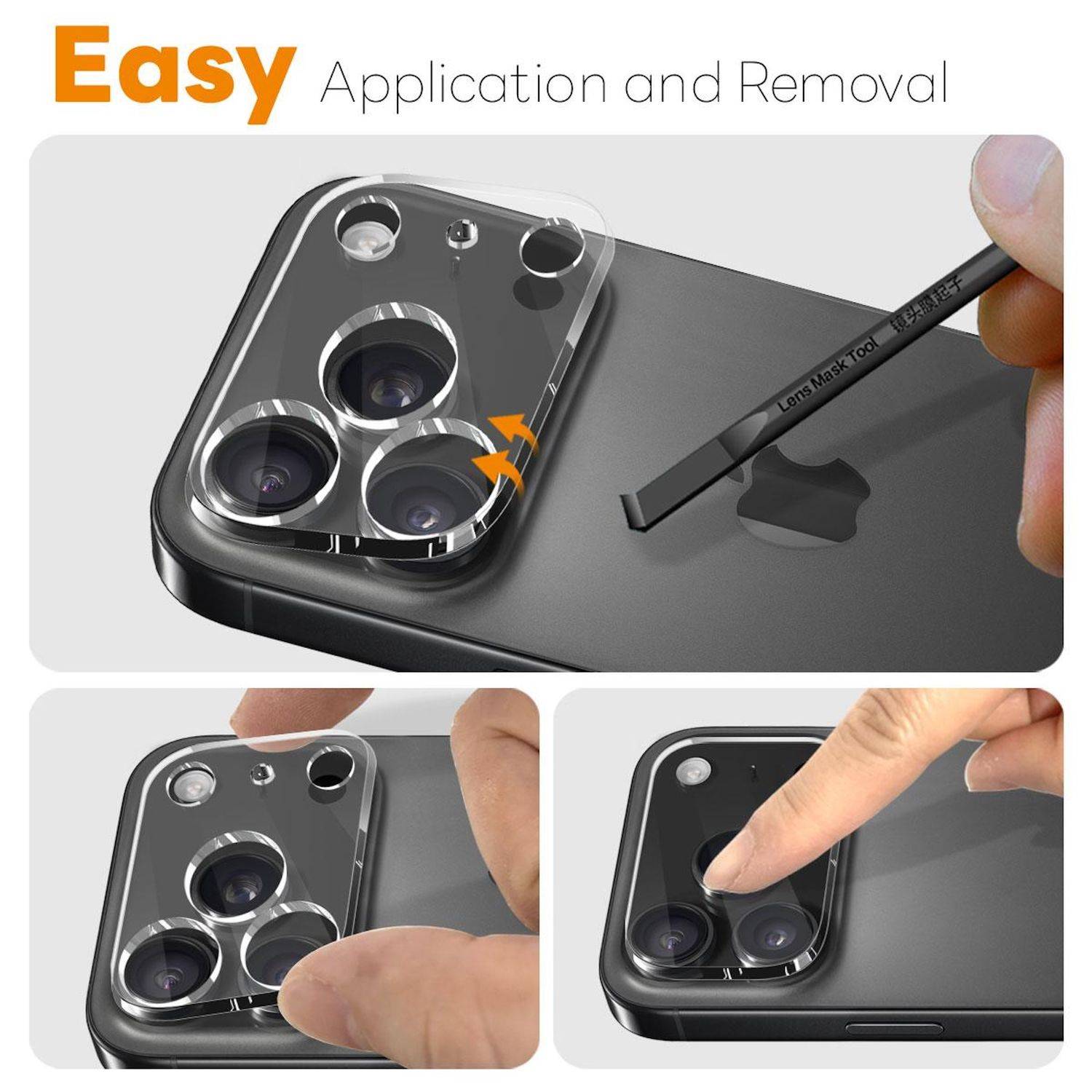 Produktanzeige, die zeigt, wie eine Schutzfolie für die Handykamera mit einem Werkzeug und den Fingerspitzen einfach entfernt und auf einem Smartphone angebracht wird.