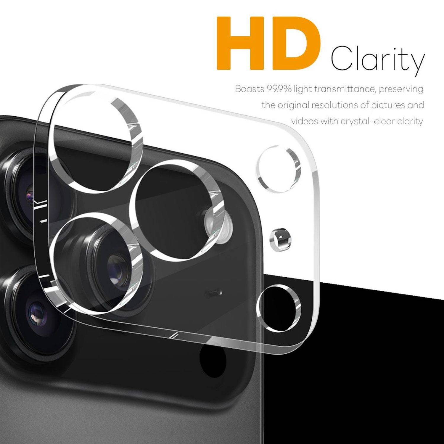 Klare Kameraobjektivschutzfolie für ein Smartphone, mit dem Text „HD Clarity