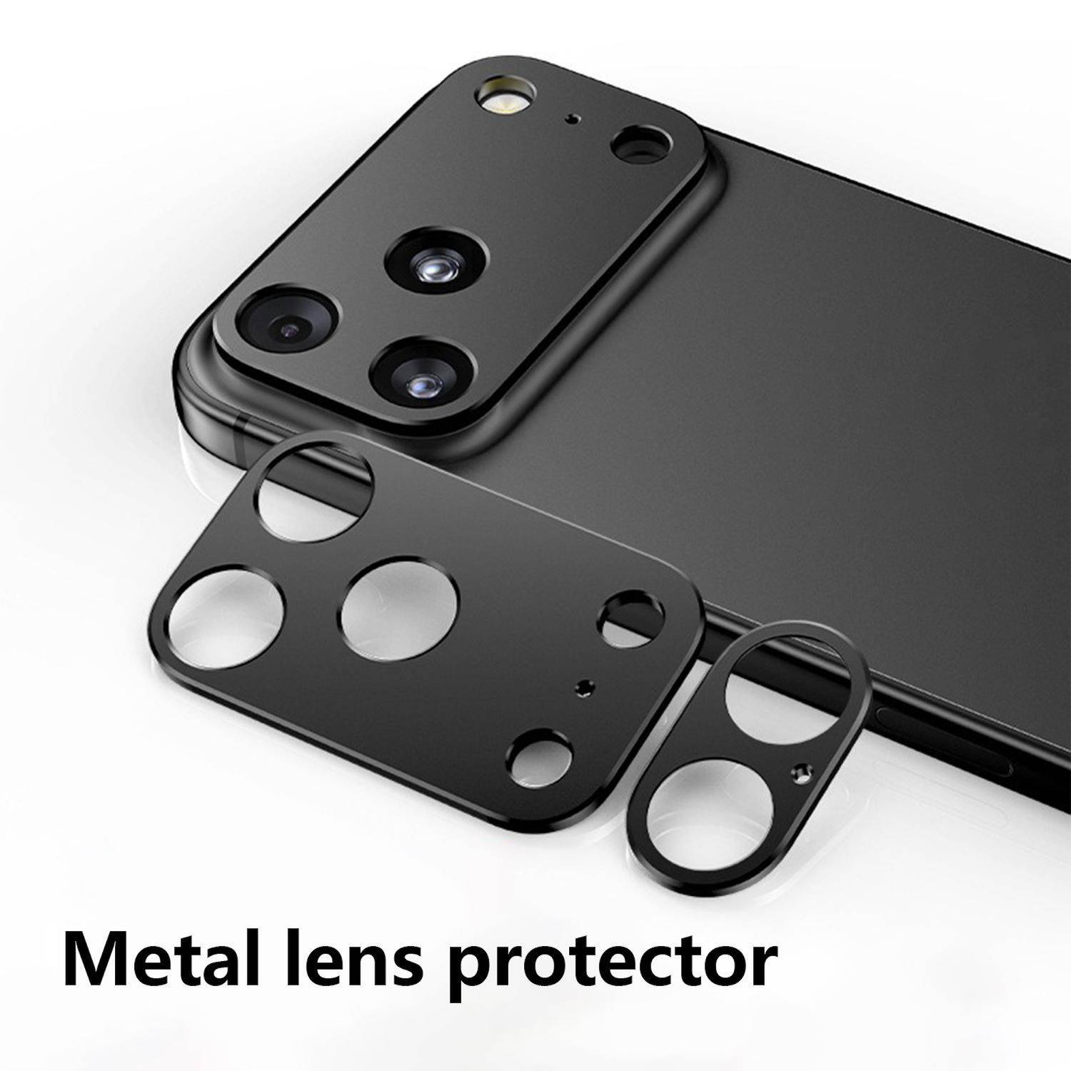 Schwarzes Smartphone mit erhobener Rückenkamera und abgelöstem Metalllinsensch?tzer, der unten angezeigt wird, mit der Beschriftung 