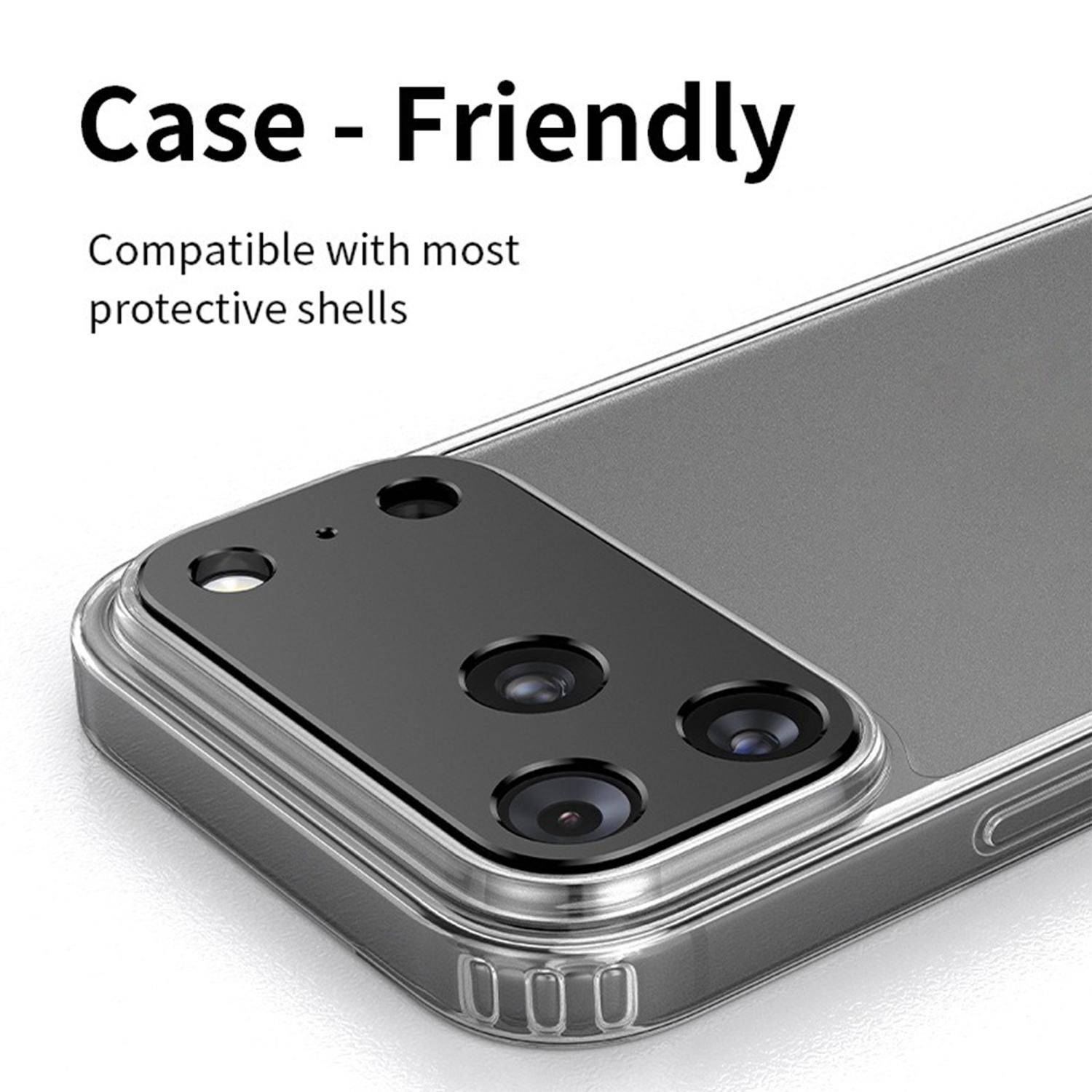 Smartphone mit einer durchsichtigen Schutzschale und erhöhter Kameraaussparung; Text lautet „Case-Friendly