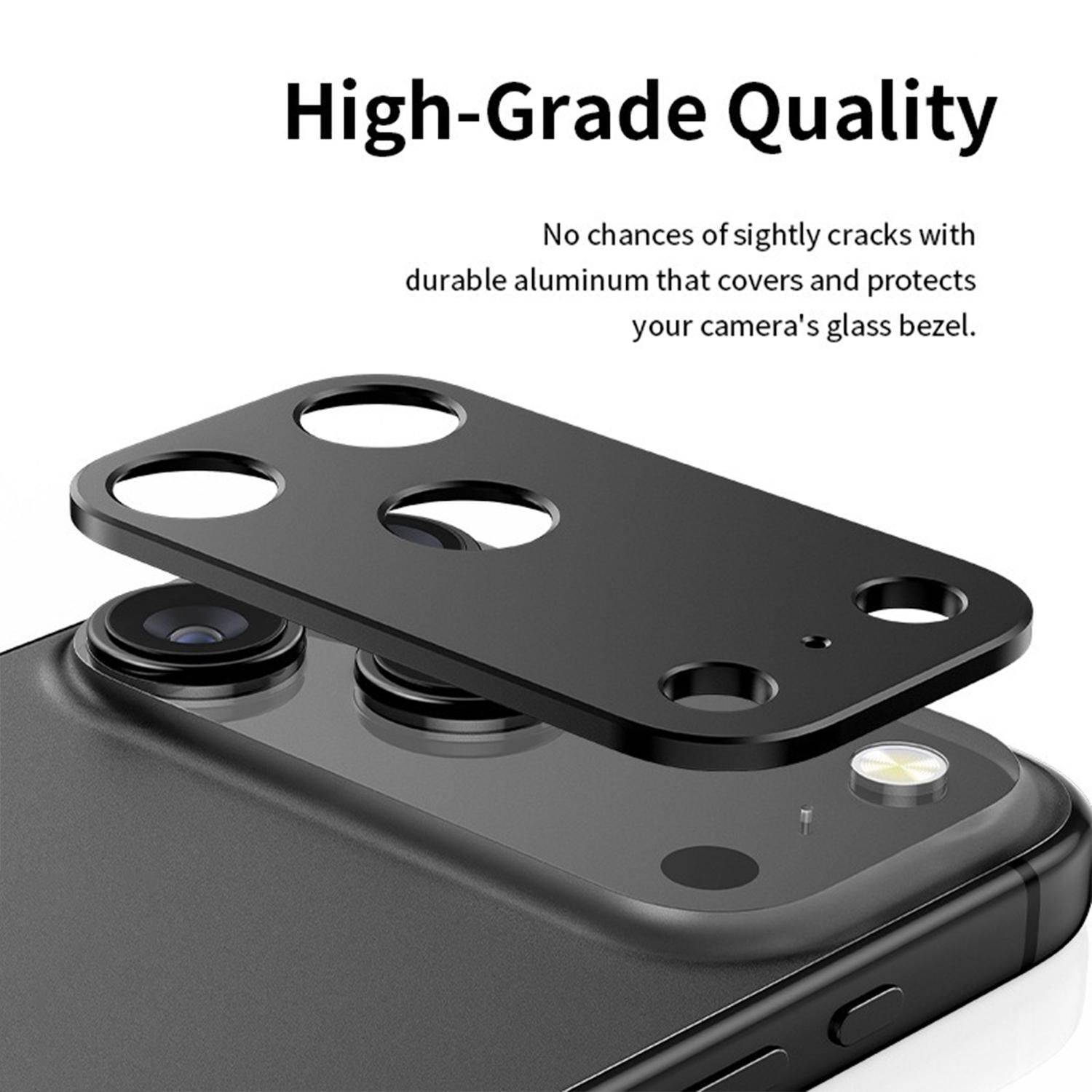 Schwarzer Aluminium-Kameraobjektivschutz über einem Telefon, mit der Bezeichnung „High-Grade Quality