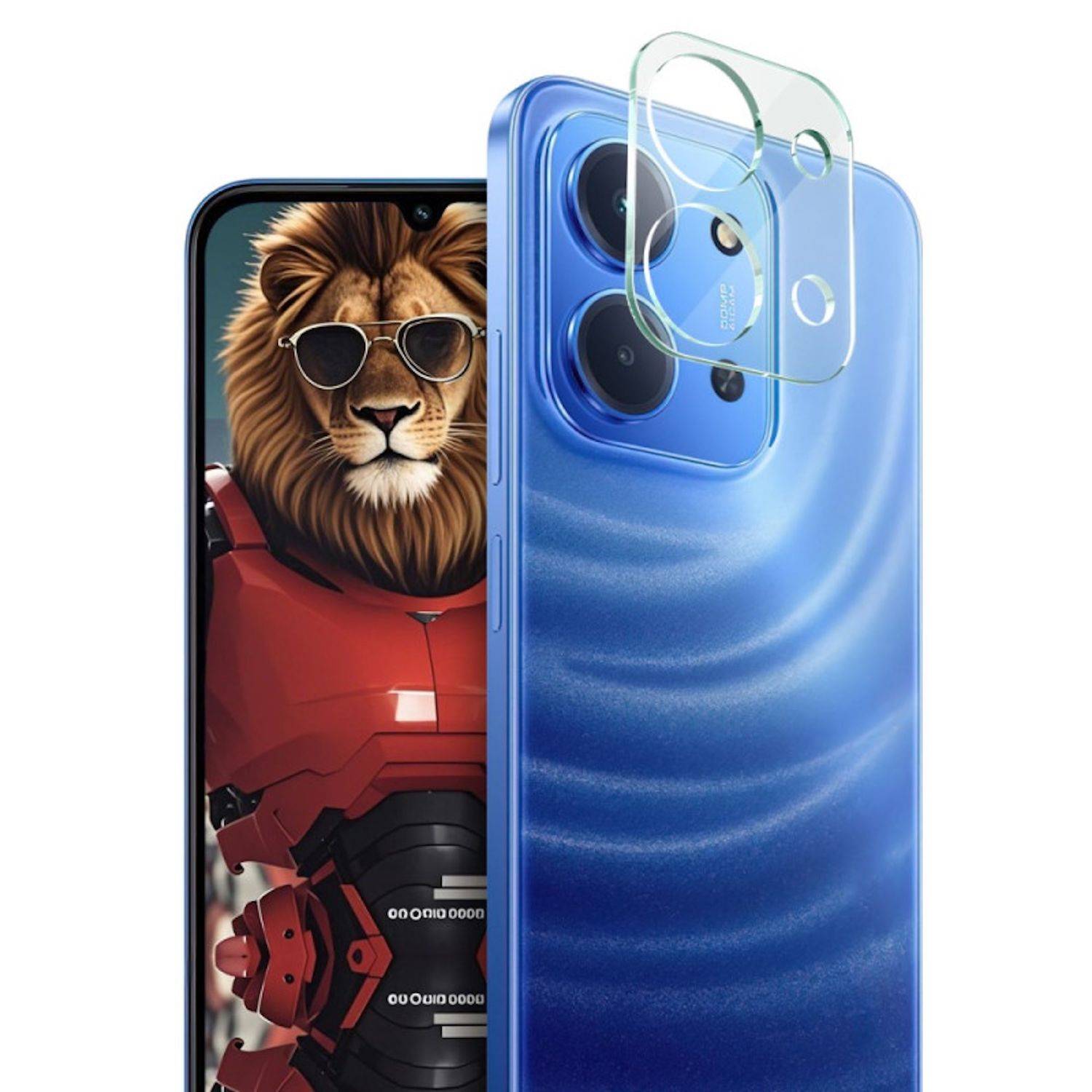 Blaues Smartphone mit klarem Kameraobjektivschutz von vorne gezeigt, das teilweise ein Telefon bedeckt, das einen Löwen mit Sonnenbrille und roter Rüstung anzeigt.