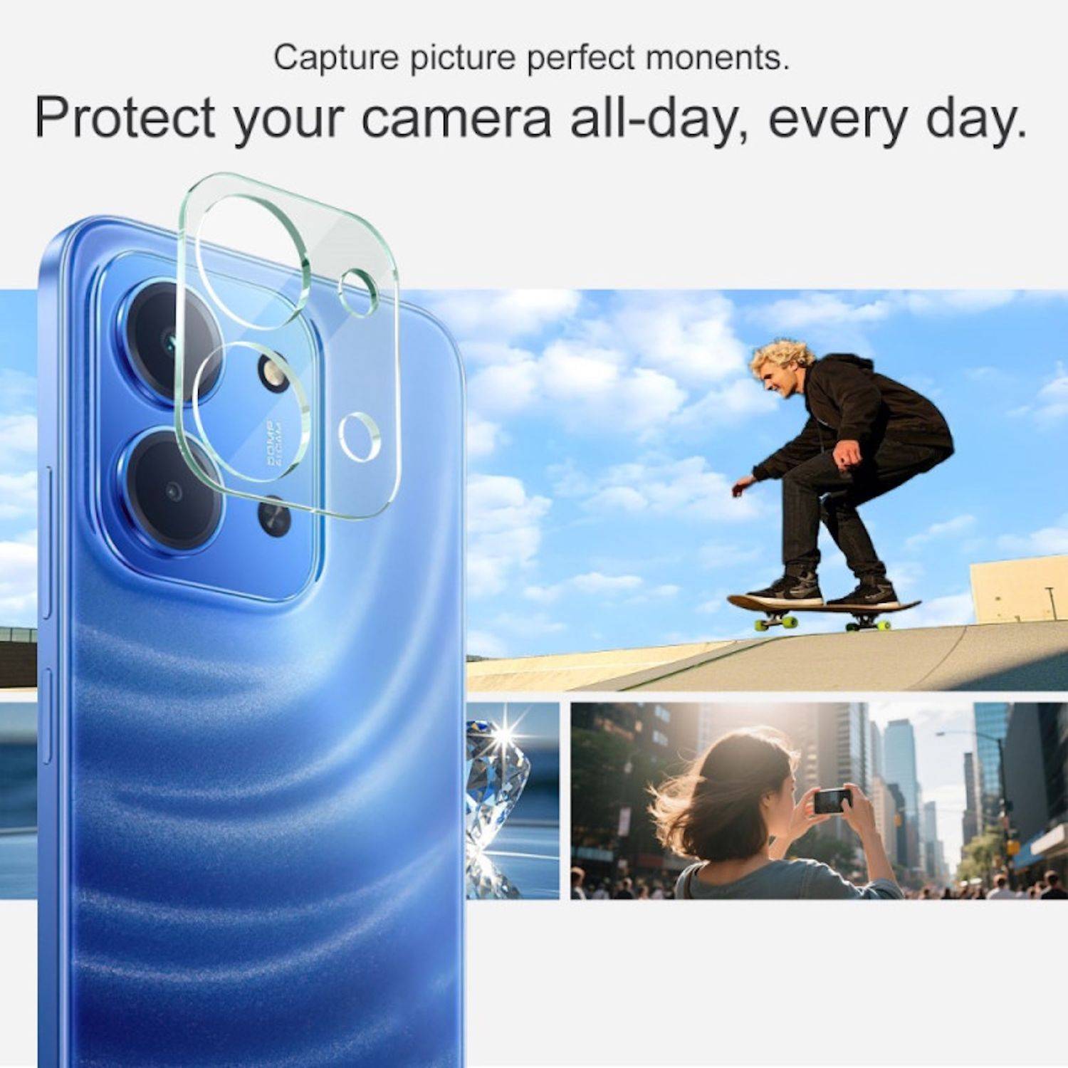 Eine Anzeige zeigt ein blaues Smartphone mit einem transparenten Kameraobjektivschutz und dem Text „Schützen Sie Ihre Kamera den ganzen Tag, jeden Tag.