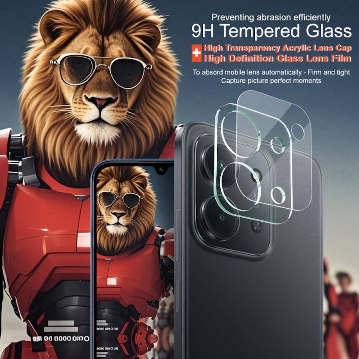 Werbegrafik eines Löwen mit Sonnenbrille neben einem Smartphone, die mehrschichtige Kamera-Schutzfolie mit der Aufschrift 