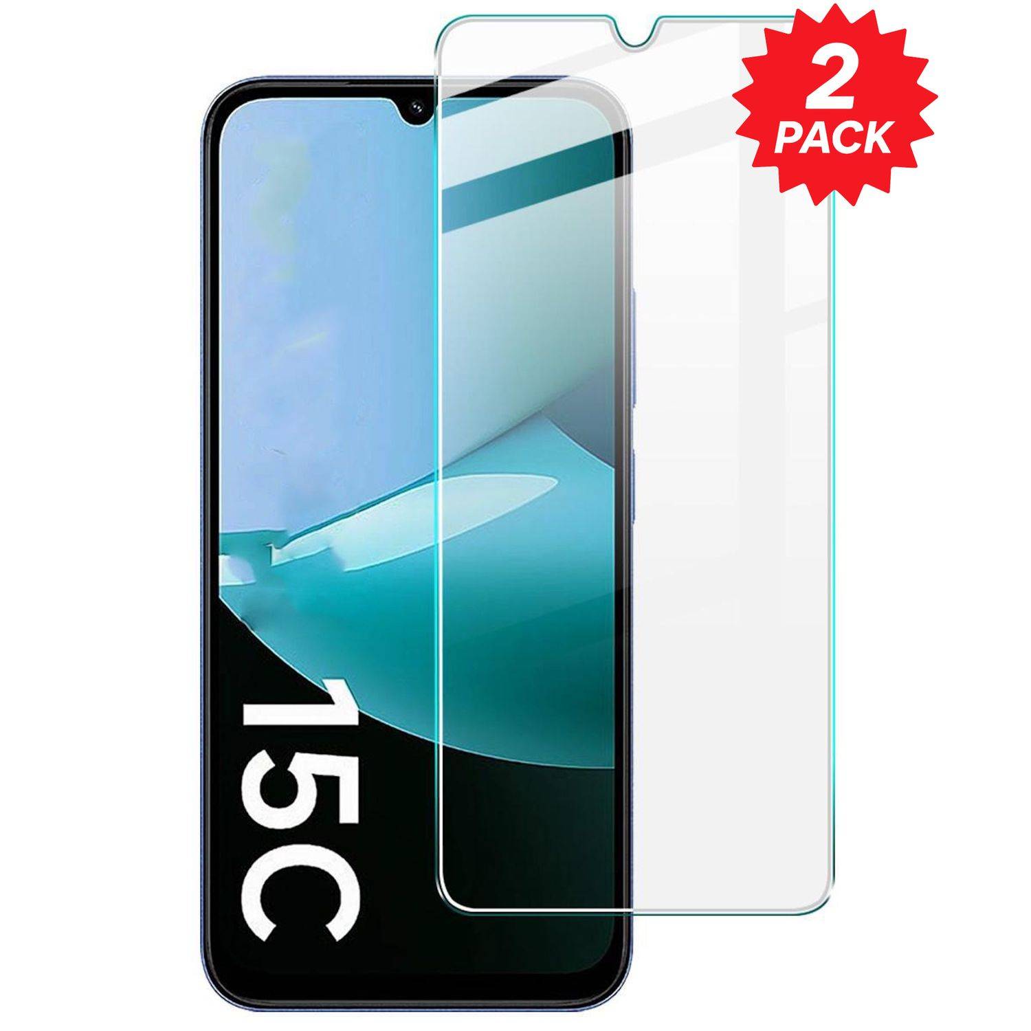 Schutzfolienpaket für Smartphone-Bildschirm, das über einem Smartphone angezeigt wird, mit der Aufschrift „2 PACK