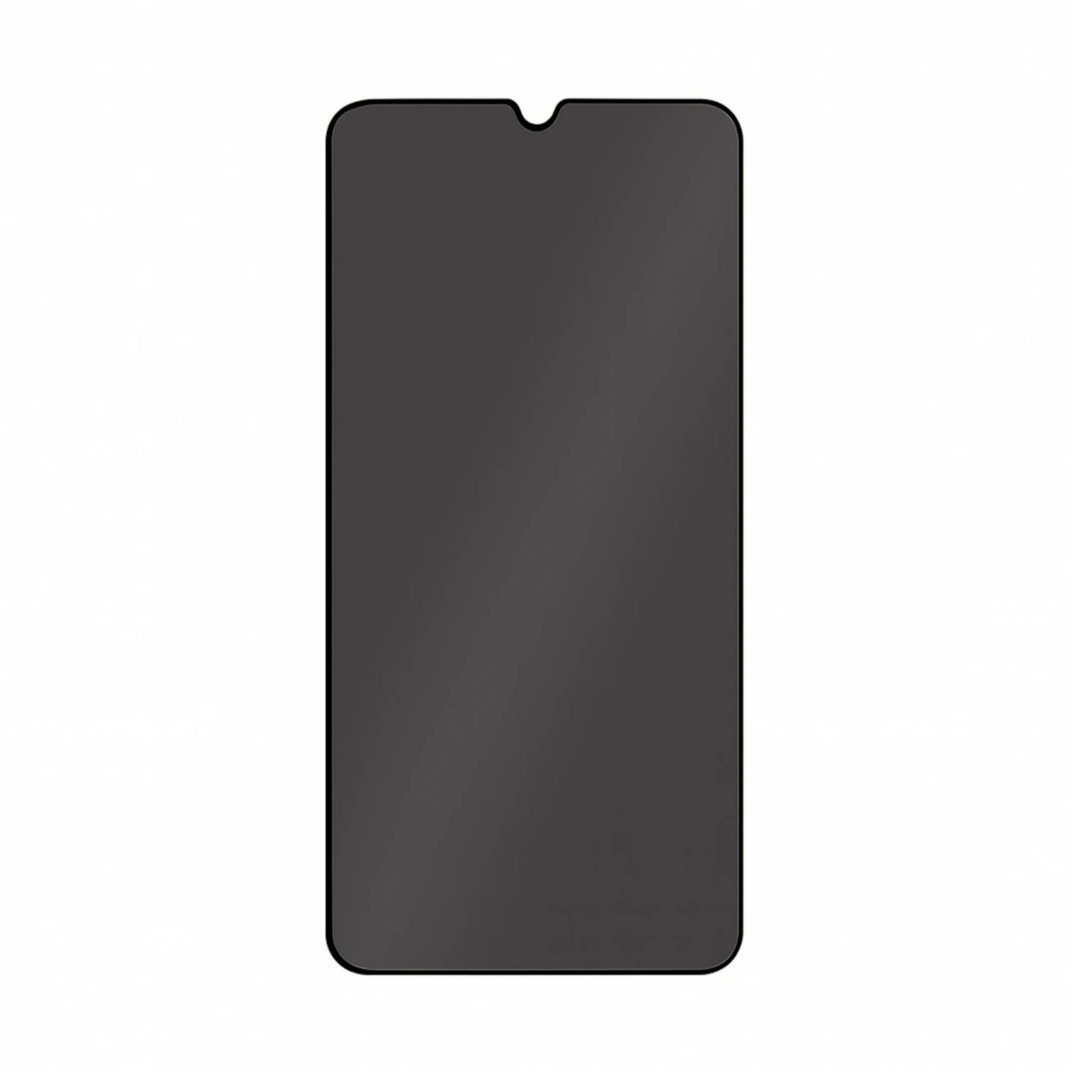 Leerer schwarzer Smartphone-Bildschirm mit einer zentrierten oberen Aussparung auf weißem Hintergrund.