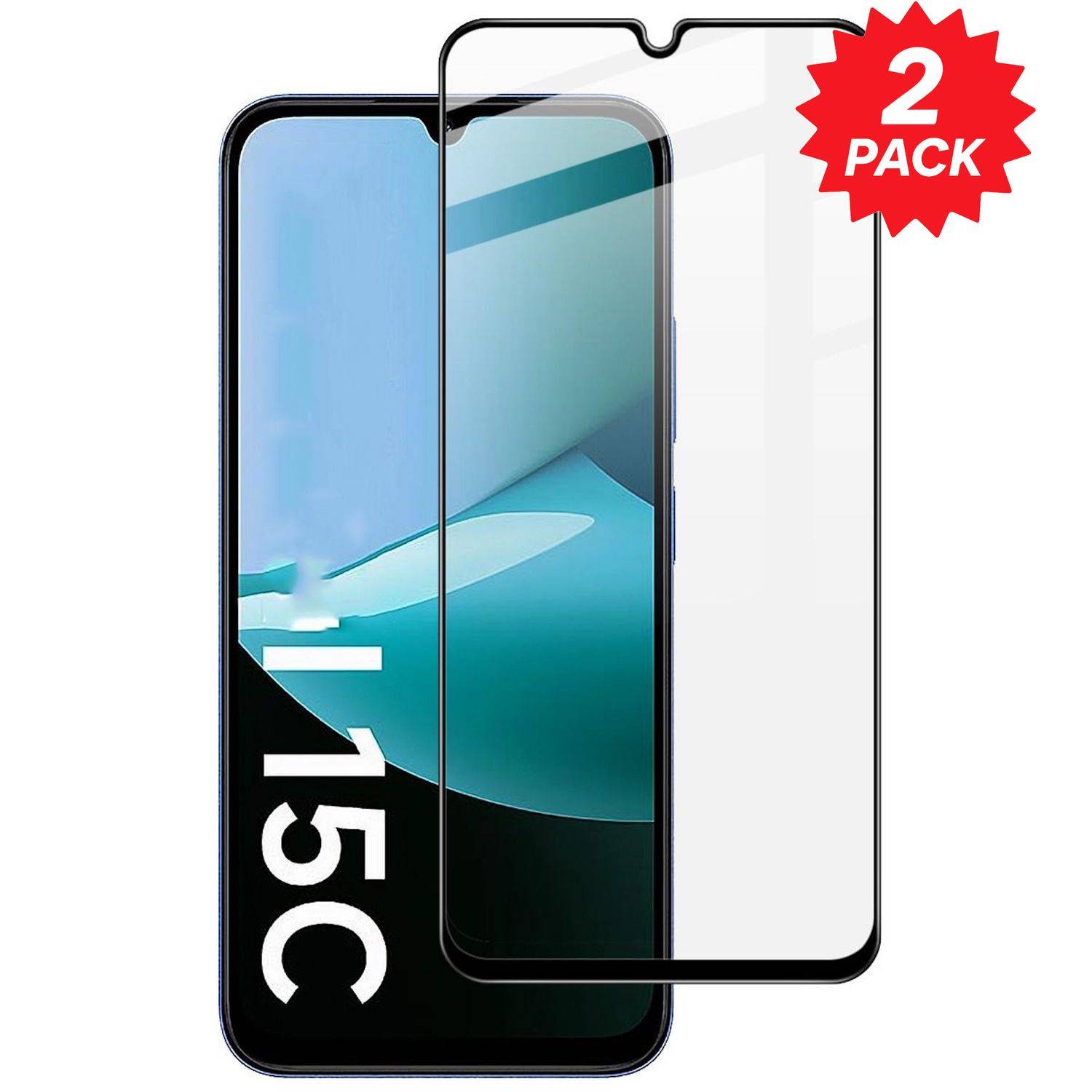 Zwei-Pack aus transparenten gehärteten Glas-Displayschutzfolien für ein Smartphone, gezeigt über dem Geräte-Display.