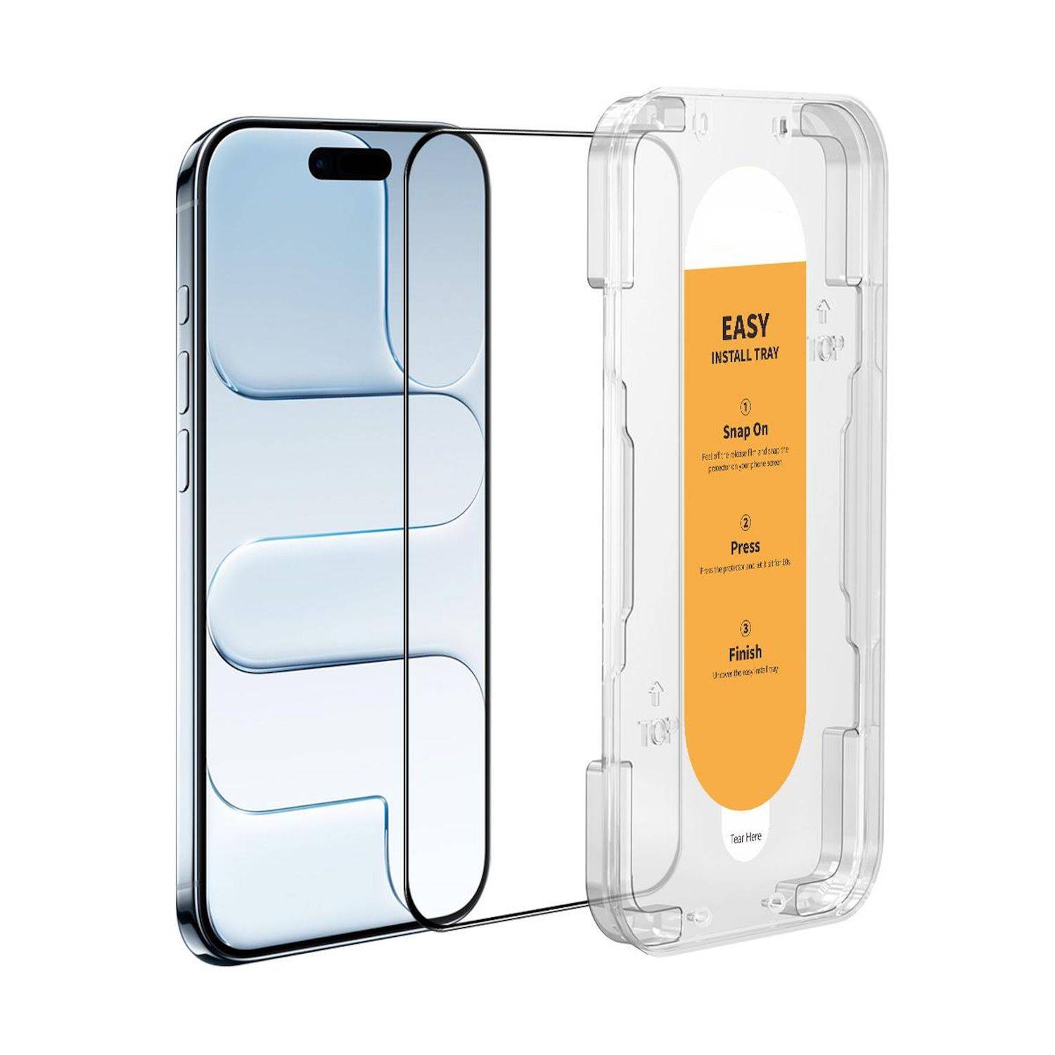Transparente Handyhülle neben einem Smartphone gezeigt, mit Verpackung mit dem Etikett „EASY INSTALL TRAY