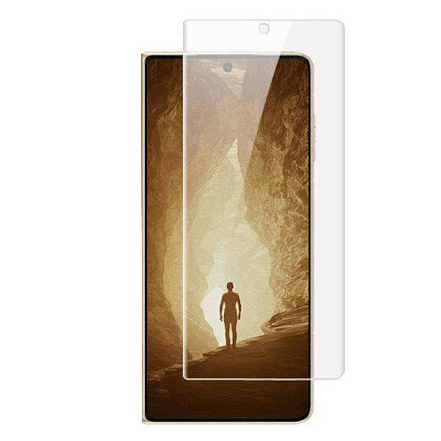 Displayschutzfolie für Smartphone, die über einem Telefondisplay mit einer Höhlenszene und einer Personensilhouette gezeigt wird.