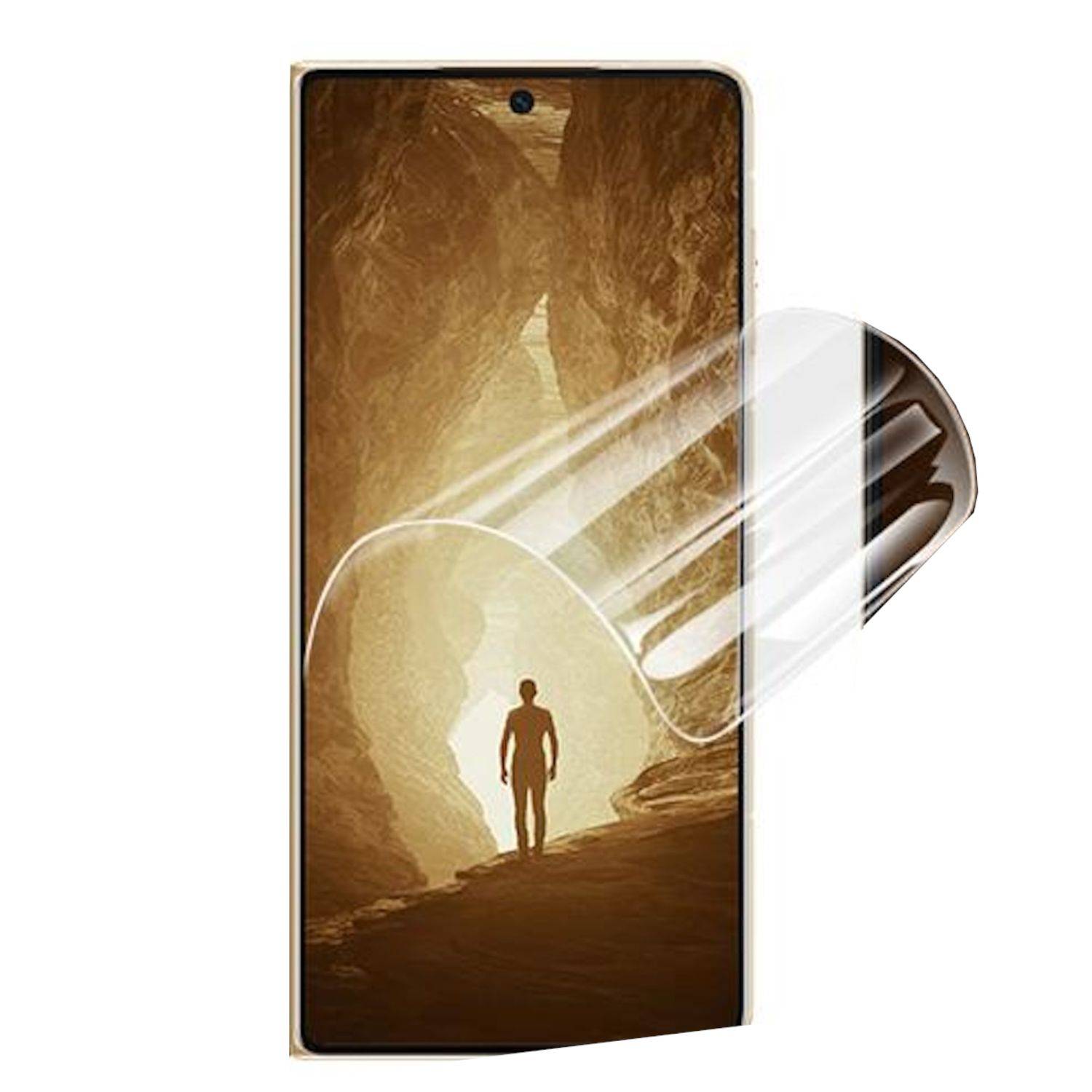 Smartphone-Display mit einer Silhouette in einer leuchtenden Höhle, mit einer durchscheinenden Glühbirne und Strahlen, die eine Idee oder Entdeckung andeuten.