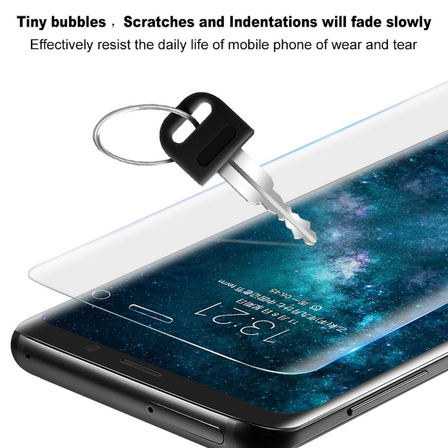 Werbebild eines Smartphones mit einer klaren Schutzfolienfolie und einem Schlüssel, der daran kratzt, wobei die Kratzerbeständigkeit gezeigt wird; der Text besagt, dass kleine Blasen, Kratzer und Dellen langsam verblassen.