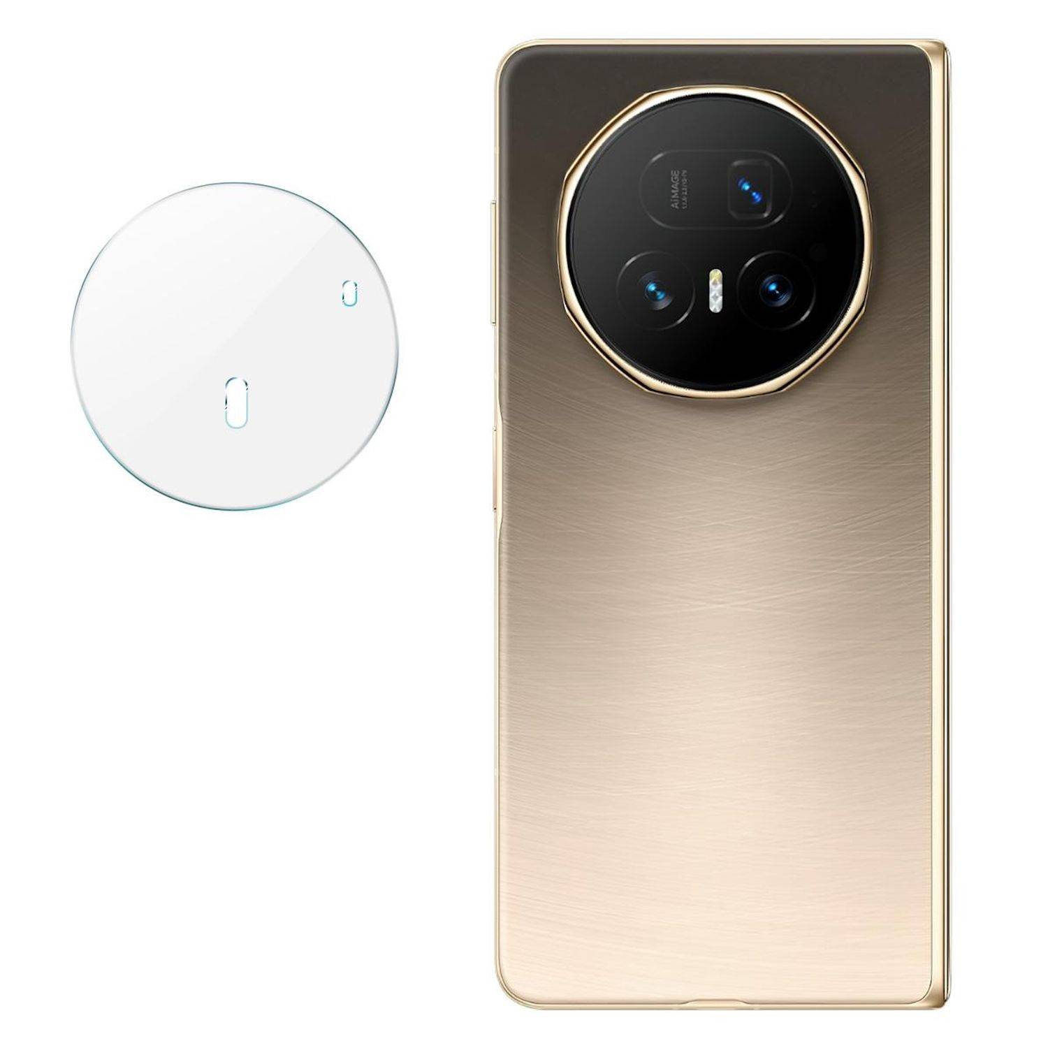 Goldenes Smartphone gezeigt von der Rückseite mit großem rundem Kameramodul, zusammen mit einem weißen runden magnetischen Ladezubehör.