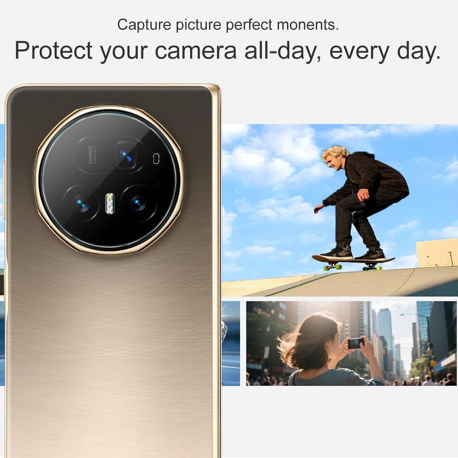 Die Anzeige zeigt ein Telefon mit einer goldenen Schutzhülle und Kameramodul, mit dem Text „Erfassen Sie makellose Momente. Schützen Sie Ihre Kamera den ganzen Tag, jeden Tag.