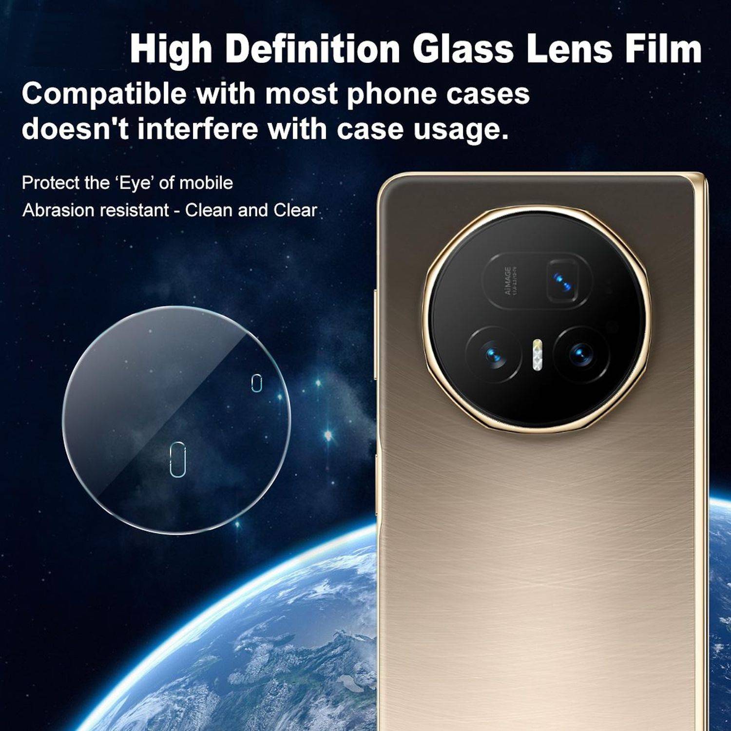 Werbeanzeige für einen hochauflösenden Glaslinsen-Schutzfilm für Handy-Kameras, der einen kreisförmigen Linsenschützer und ein Smartphone-Kameramodul zeigt und Gehäusekompatibilität sowie Kratzerbeständigkeit verspricht.