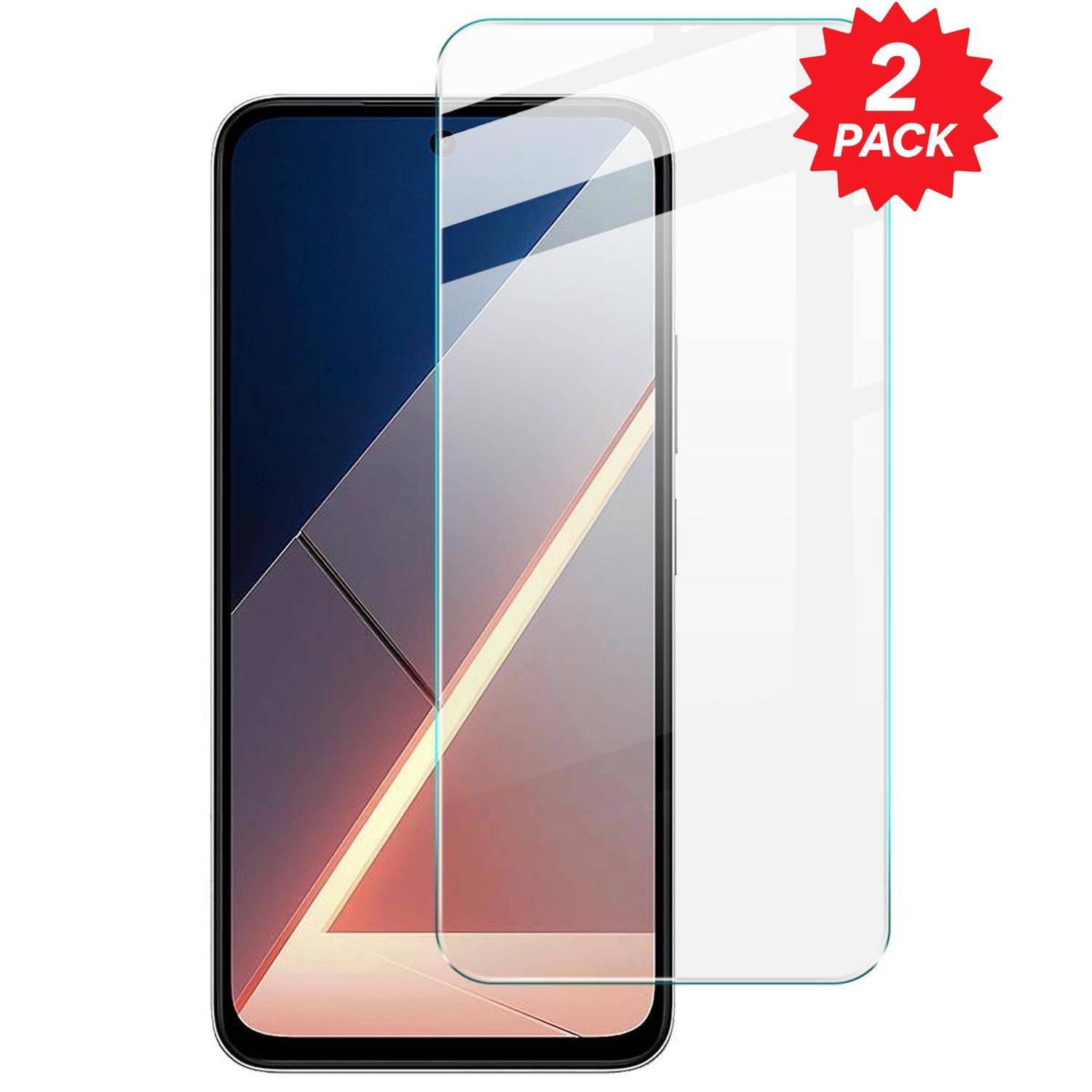 Zwei-er-Pack durchsichtige Displayschutzfolien für ein Smartphone, gezeigt über dem Telefondisplay mit einem roten „2er-PACK