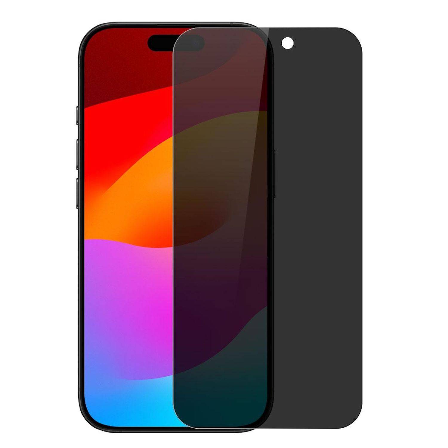 Smartphone-Displayschutz von vorne und hinten gezeigt, mit einer klaren Glasplatte über einem Telefondisplay und einer schwarzen Datenschutz-Rückschicht.