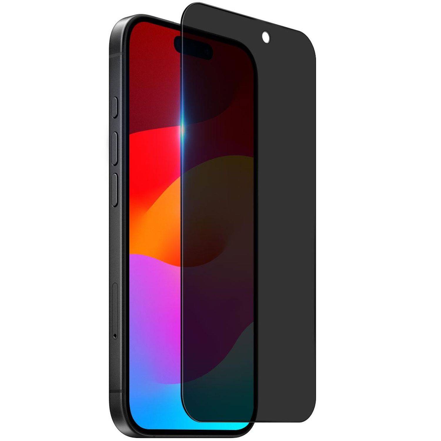 Schwarzes Smartphone von vorne und von der Seite gezeigt mit einer dunklen Displayschutzfolie für den Datenschutz, die einen bunten abstrakten Bildschirm anzeigt.