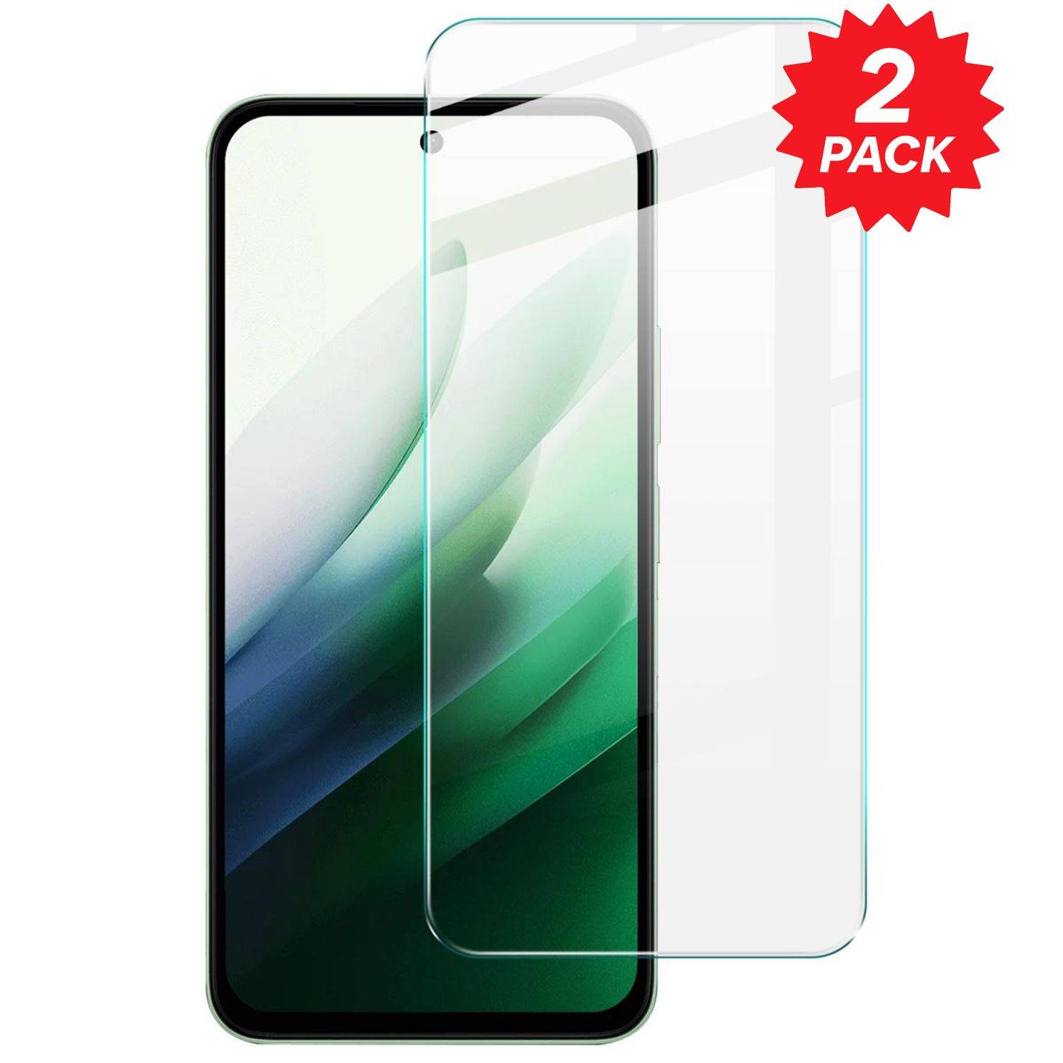 Smartphone mit einer klaren Hartglasschutzfolie über dem Display, beschriftet mit „2ER PACK