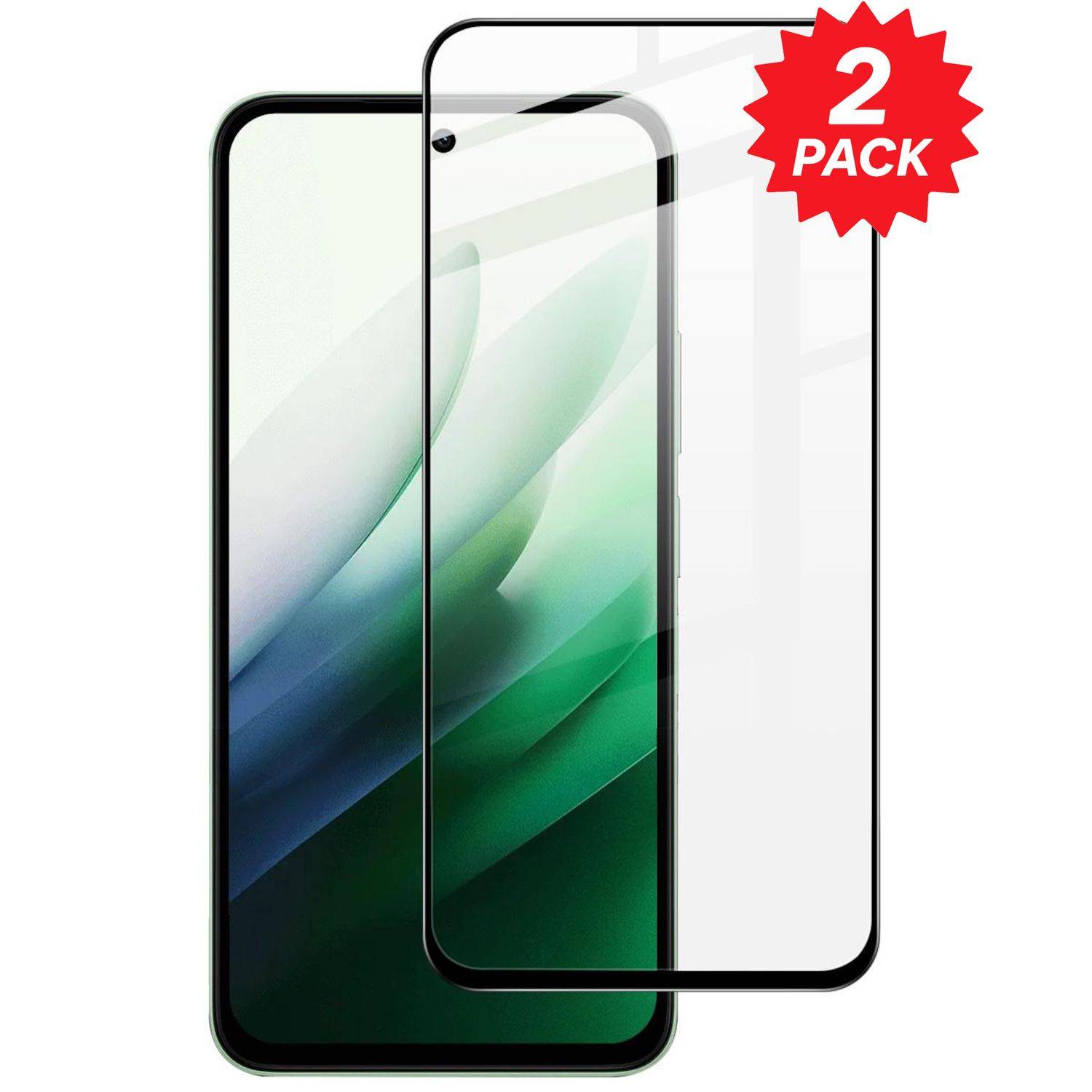 Zwei Displayschutzfolien für Smartphones über einem Telefondisplay, beschriftet mit „2ER-PACK