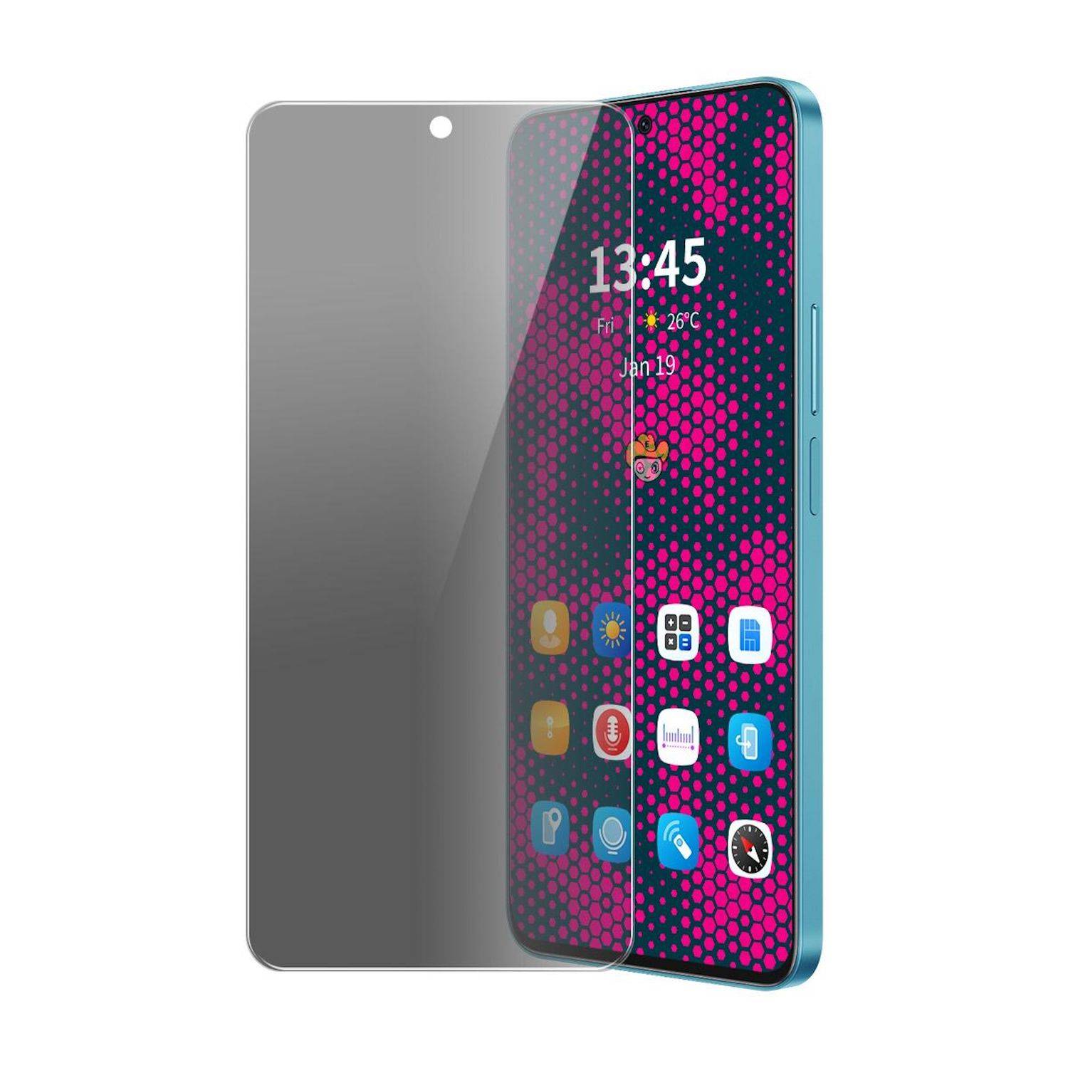 Ein Smartphone mit einem teilweise angebrachten transparenten Displayschutz, das den Startbildschirm mit App-Symbolen und der Uhrzeit 13:45 zeigt.