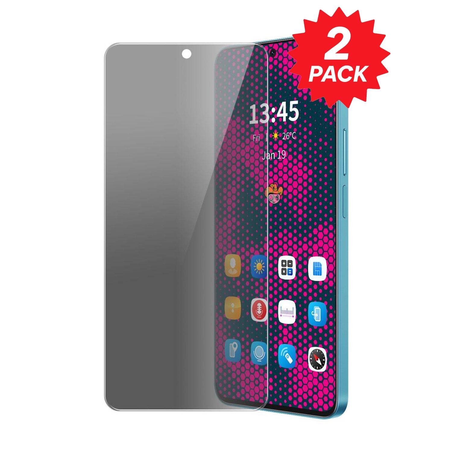 Zwei-Pack-Displayschutzfolien für ein Smartphone, dargestellt als klare und Datenschutzfilm-Overlays auf einem Telefonbildschirm.