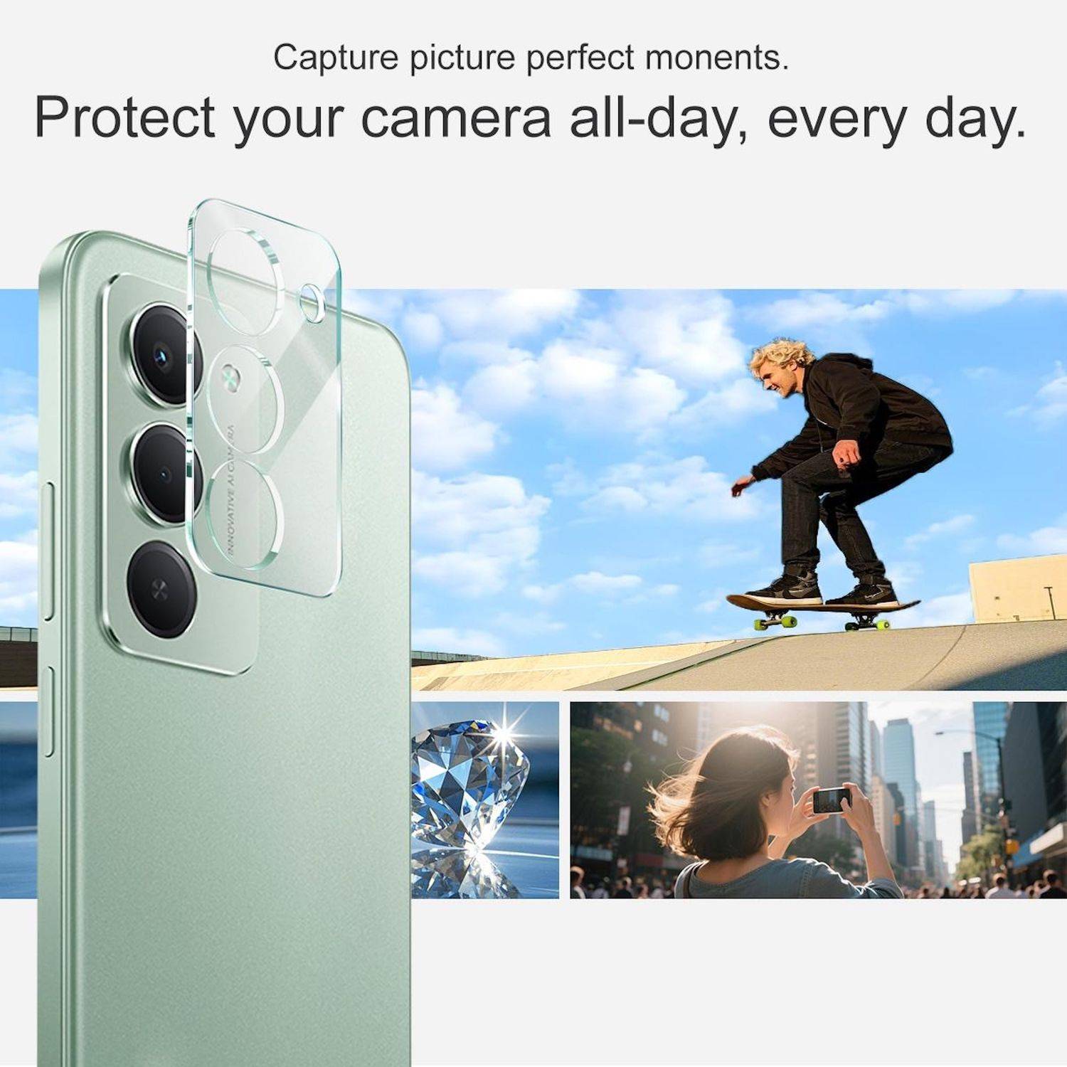 Die Anzeige zeigt einen klaren Schutzkameralinsen-Schutz auf einem mintgrünen Smartphone mit dem Text „Schütze deine Kamera den ganzen Tag, jeden Tag