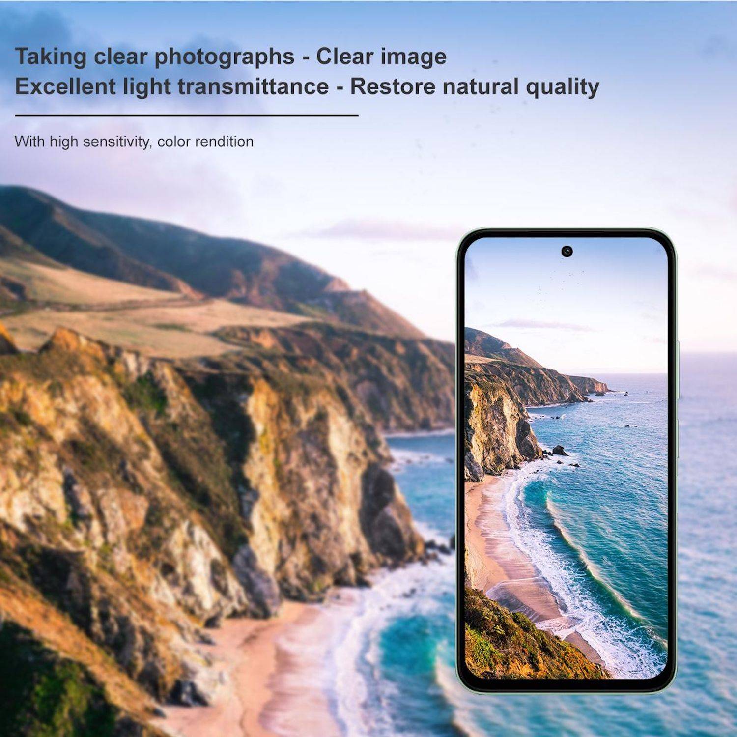 Werbegrafik zeigt ein Smartphone-Kamera, die eine scharfe Strandszene an der Küste aufnimmt, mit Text „Klare Fotografie – Klares Bild