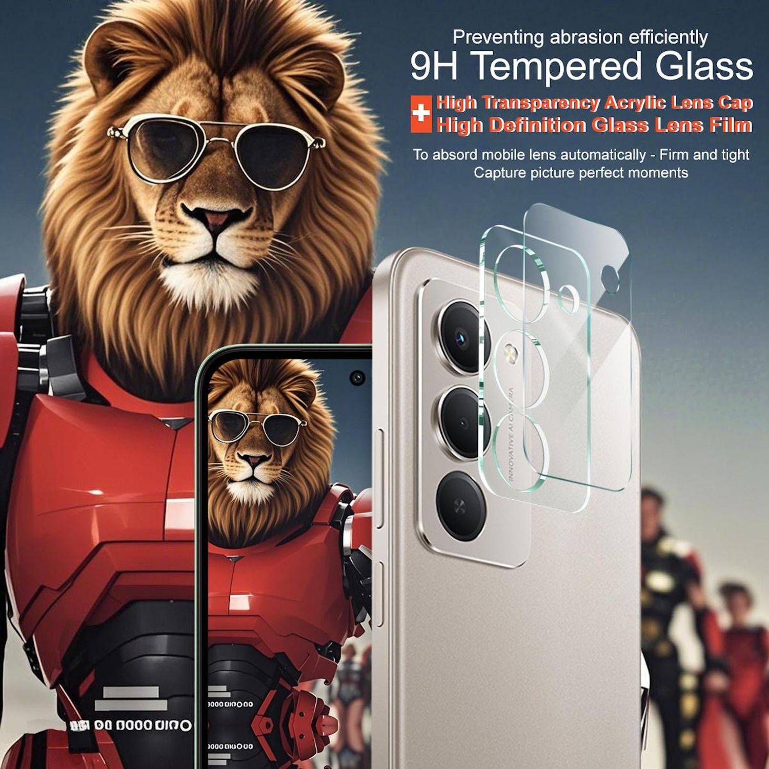 Werbegrafik, die einen Löwen in Sonnenbrille neben einem Smartphone mit einem klaren 9H-Displayschutzglas für die Kamera zeigt, das hochdurchsichtige, kratzfeste Linsenfolie bewirbt.