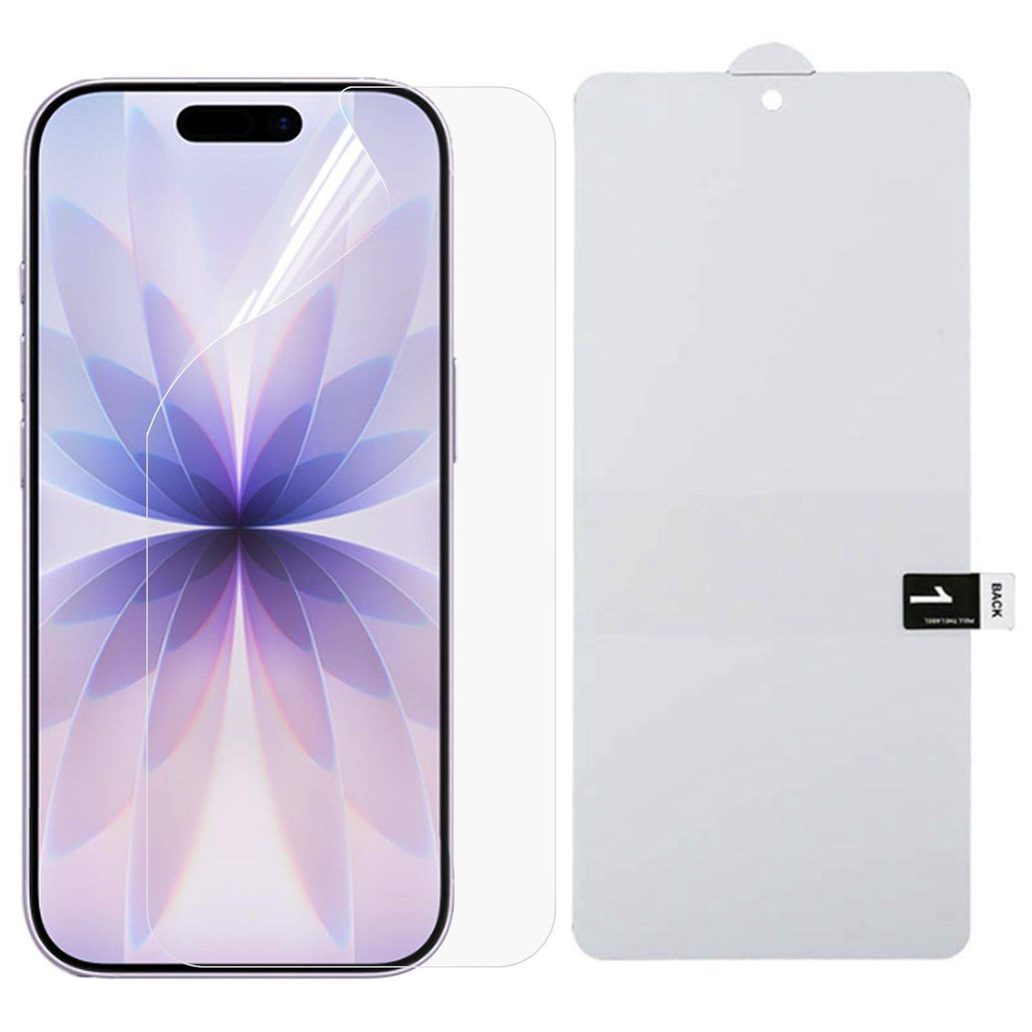 Vorderseite und Rückseite einer Smartphone-Displayschutzfolie, wobei die Vorderseite eine violette florale Hintergrund auf dem Display zeigt und die Rückseite die Schutzfolie und die Abziehlasche zeigt.