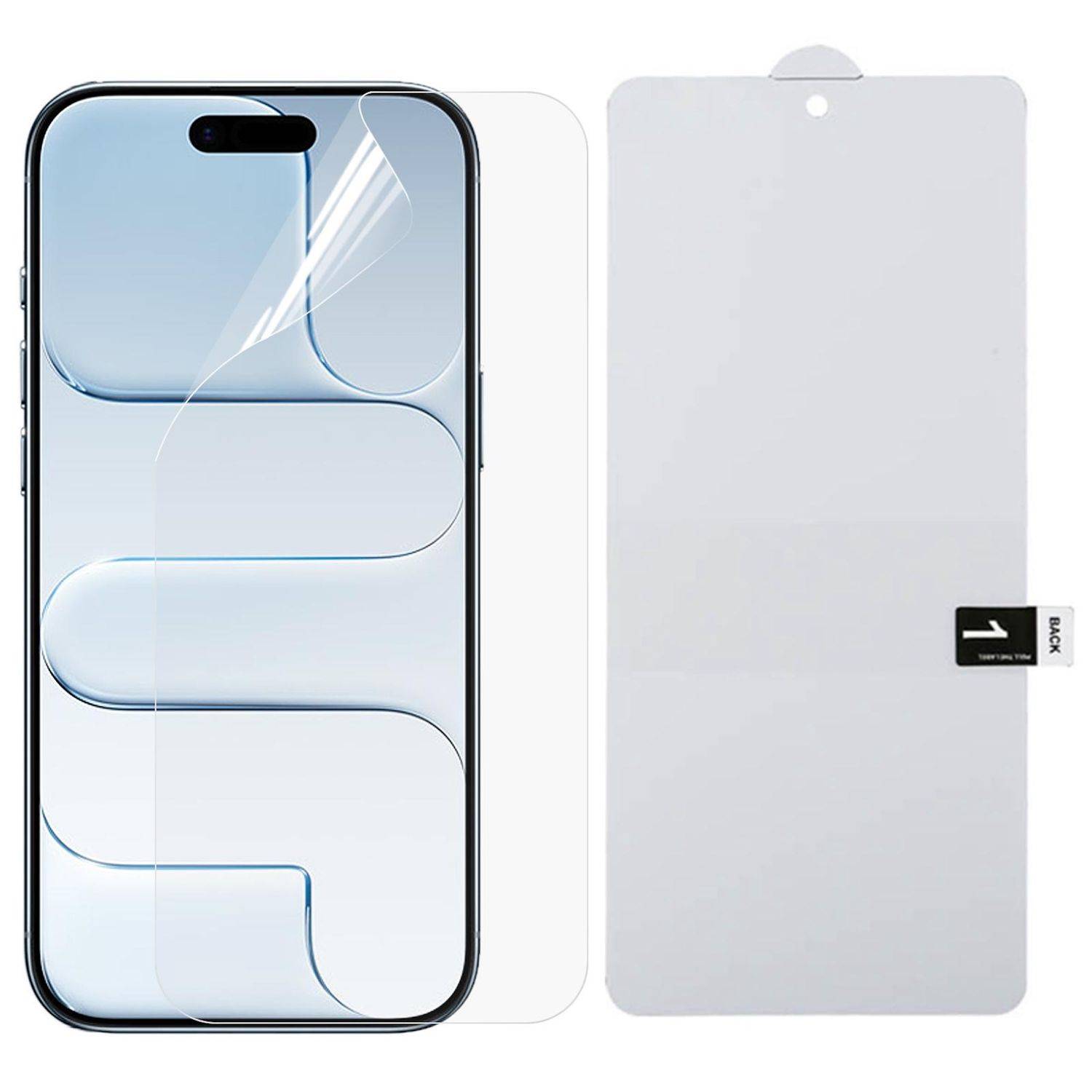 iPhone-Displayschutzfolie von vorne und hinten gezeigt, mit einer Schutzfolienlasche an der rechten Kante.