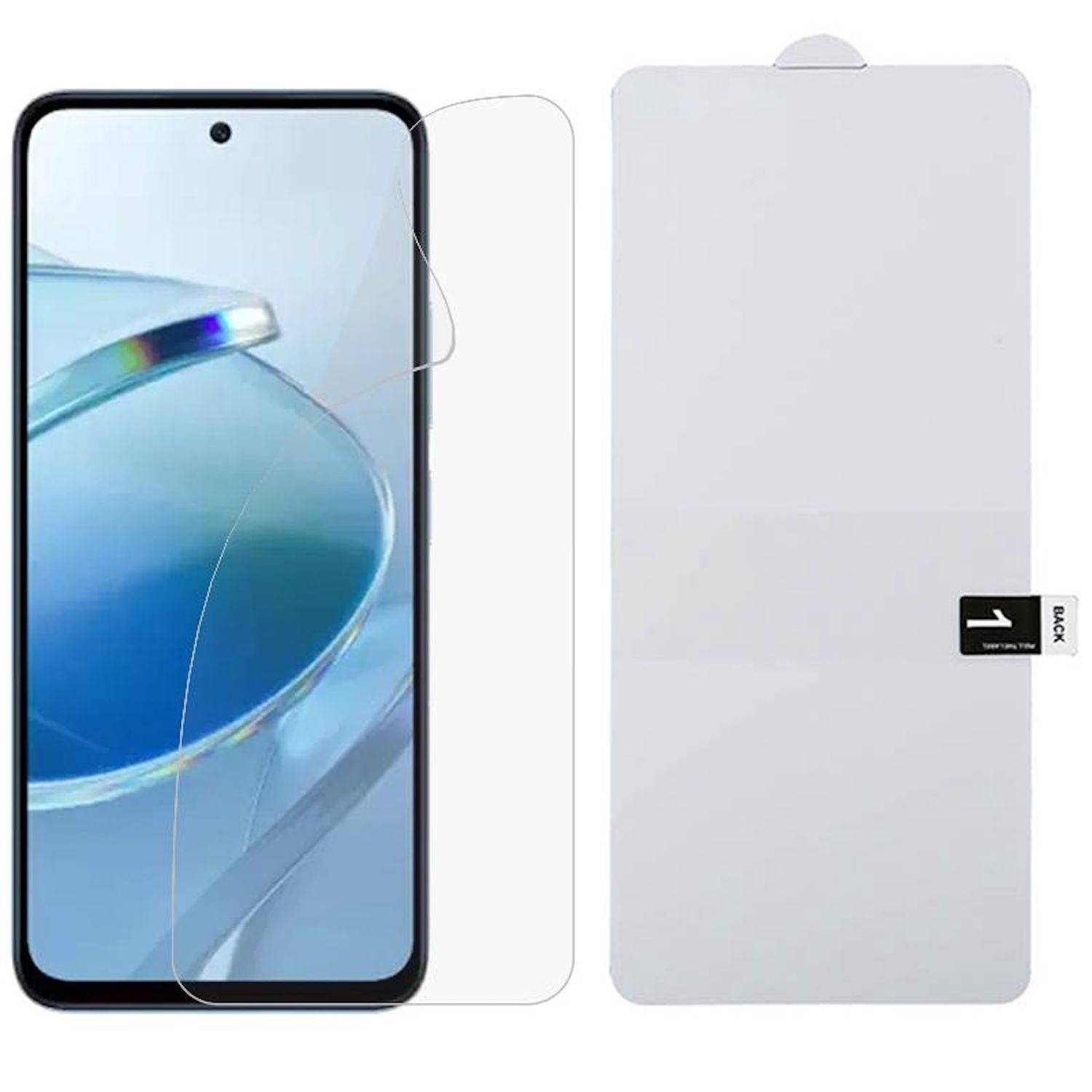 Displayschutzfolie für Smartphones, dargestellt auf einem Telefon, mit einer klaren Vorderansicht und einem schützenden Rückenblatt daneben.
