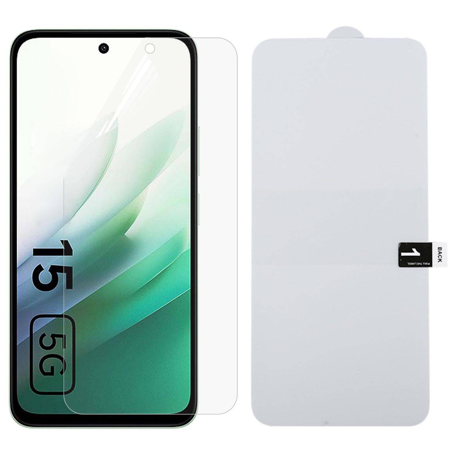 Vorder- und Rückseite eines Smartphones mit Displayschutzfolie und gekennzeichneten Klebelaschen, die die Anzeige und rückseitigen Abdeckung des Geräts zeigen.