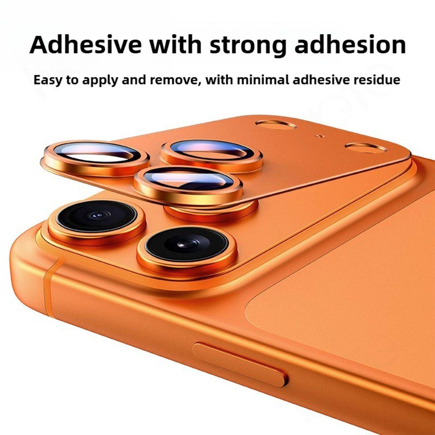 Orange Smartphone-Hülle mit erhobenen Kameralinsen-Ringen; Text lautet „Klebstoff mit starker Haftung