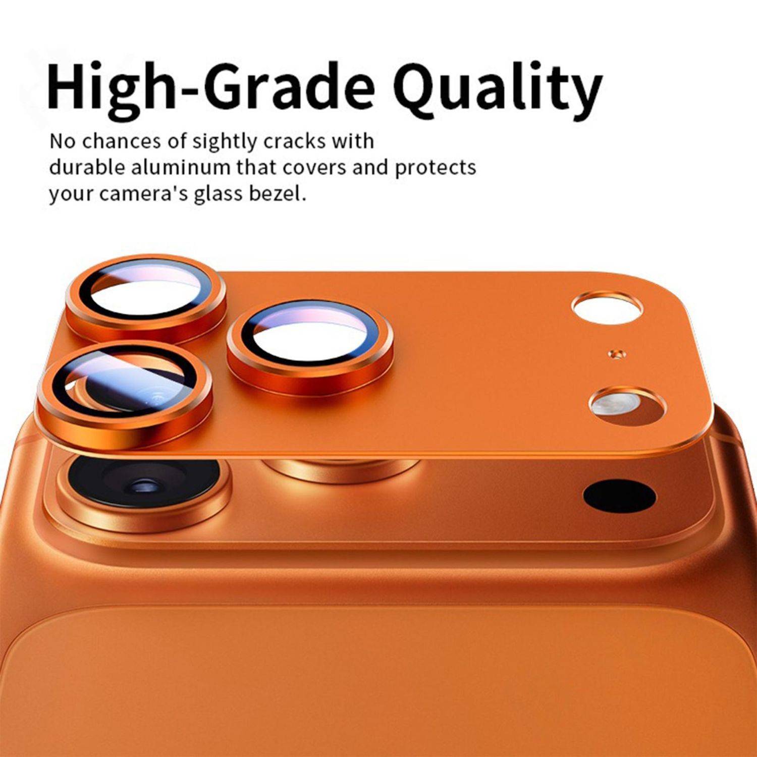 Orangefarbener Metall-Kameraobjektivschutz für ein Telefon, mit der Aufschrift „High-Grade Quality