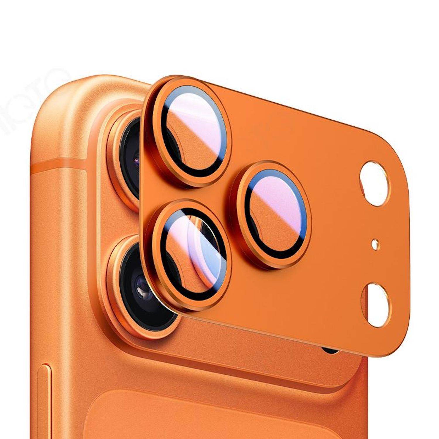 Nahaufnahme eines orangefarbenen Smartphone-Cases mit erhöhener Kameraaussparung und drei kreisförmigen Objektivabdeckungen, die den hinteren Kamerabereich hervorhebt.