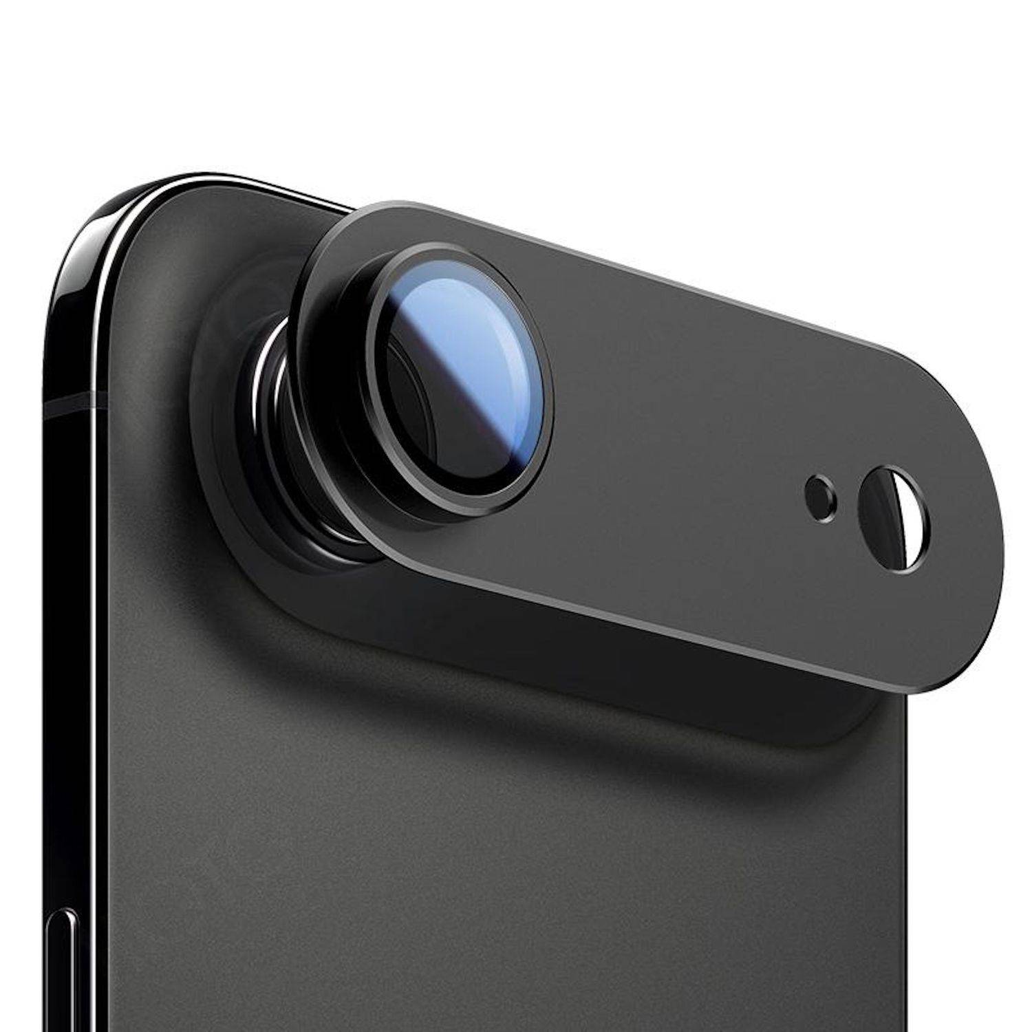 Nahaufnahme eines Smartphone-Kameramoduls mit einem großen Objektiv und Blitzausschnitt auf der schwarzen Rückseite eines Telefons.