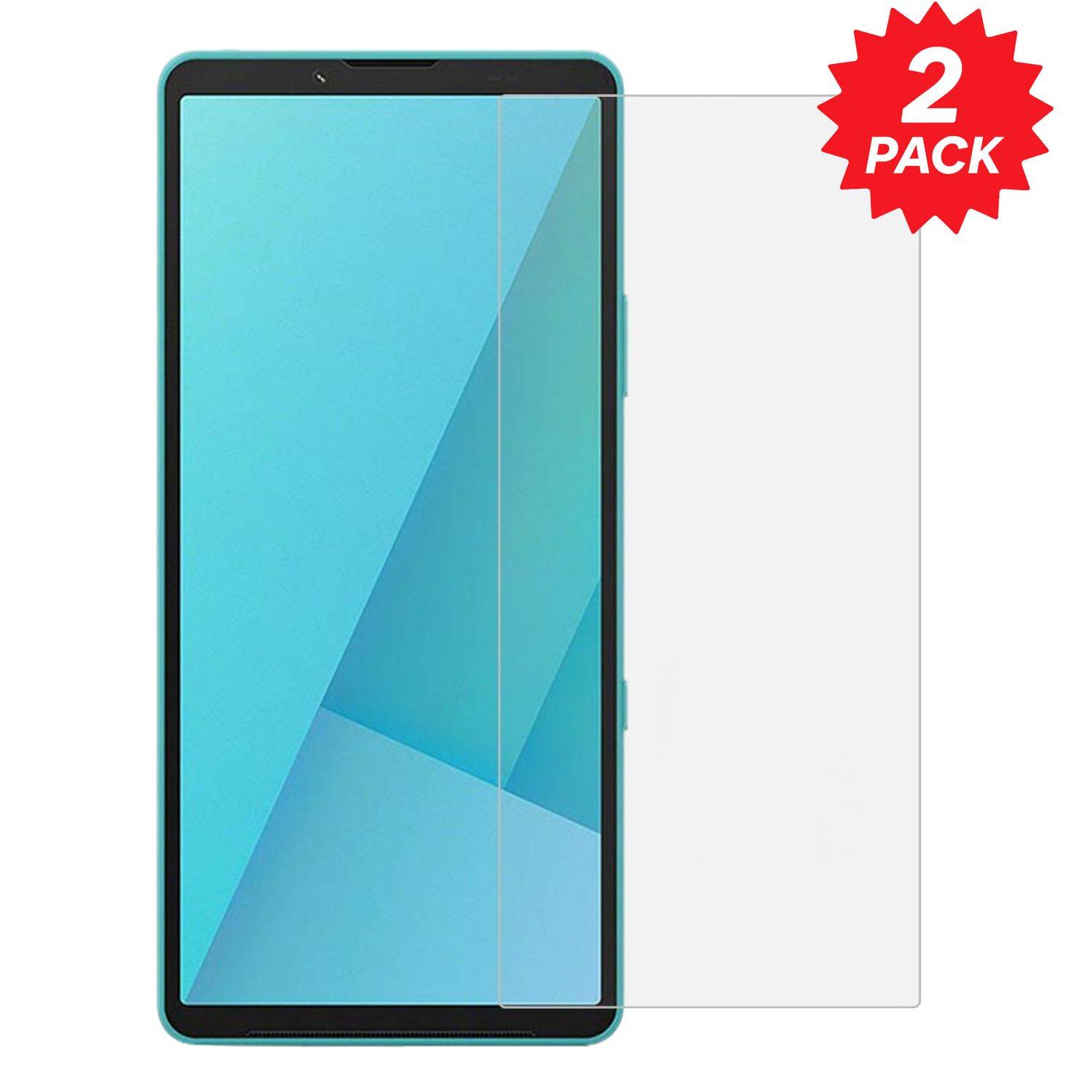 Smartphone mit einer transparenten Displayschutzfolie, die über dem Display ausgerichtet angezeigt wird, mit der Aufschrift „2ER-PACK