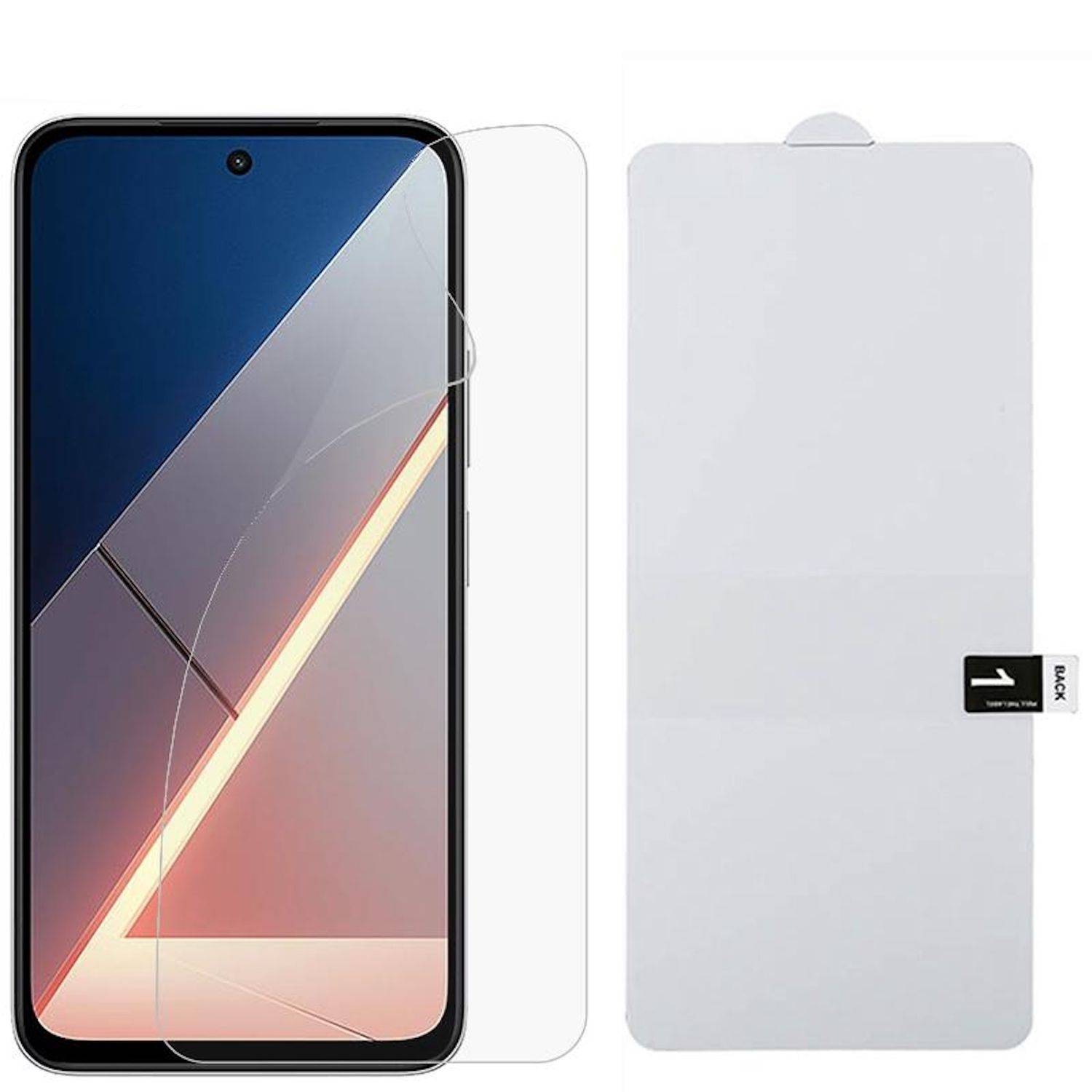 Telefon mit angebrachtem transparentem Displayschutz neben seinem weißen Schutzfolienblatt.