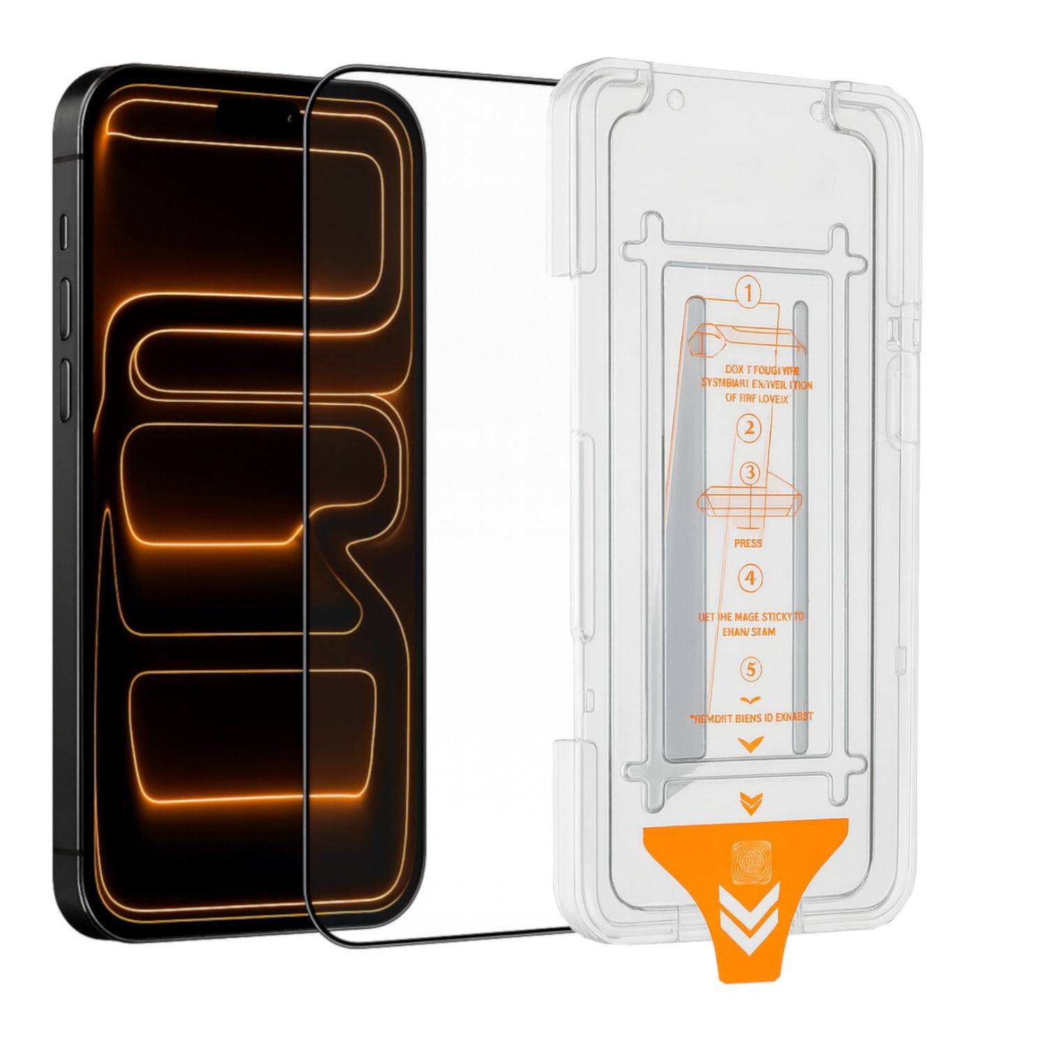 Transparenter Bildschirmschutz für Telefone mit orangefarbenem Installationsleitfaden, der neben einem schwarzen Telefon mit leuchtenden orangefarbenen abstrakten Grafiken angezeigt wird.