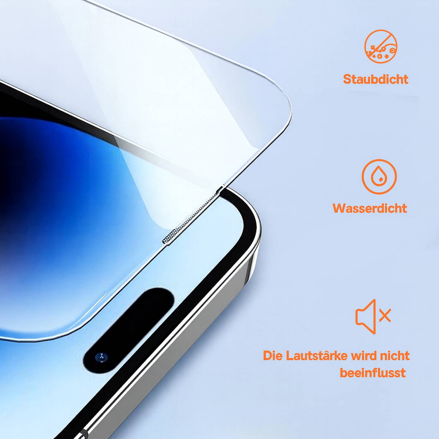 Schutzfolie auf einer Smartphone-Ecke mit deutschen Symbolen, die angeben, dass es staubdicht, wasserdicht ist und die Lautstärke nicht beeinträchtigt wird.