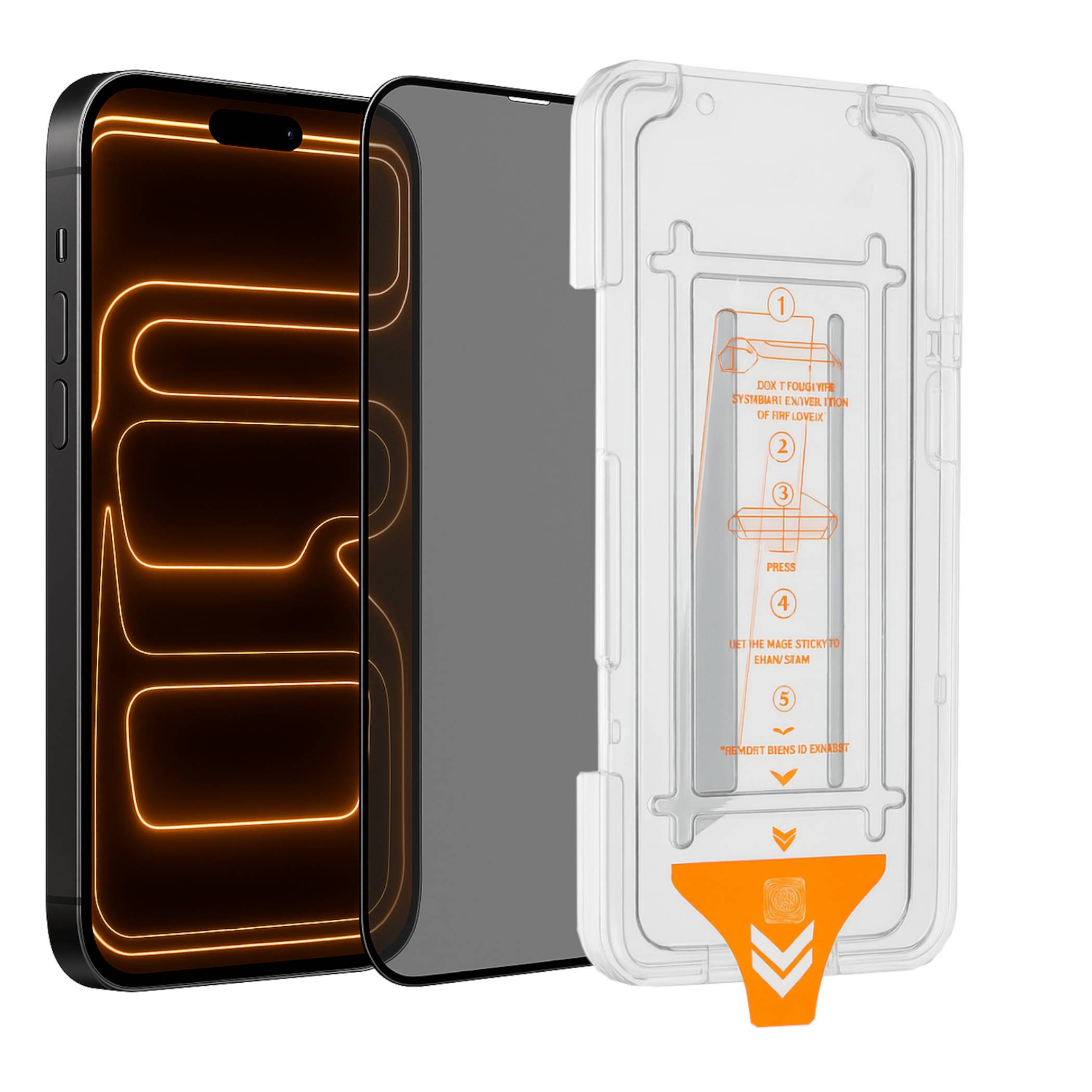 Vorder- und Rückansicht eines Smartphone-Displayschutzfolien-Sets, das das Telefon, die Glasplatte und einen weißen Ausrichtungsrahmen mit Installationsanweisungen zeigt.