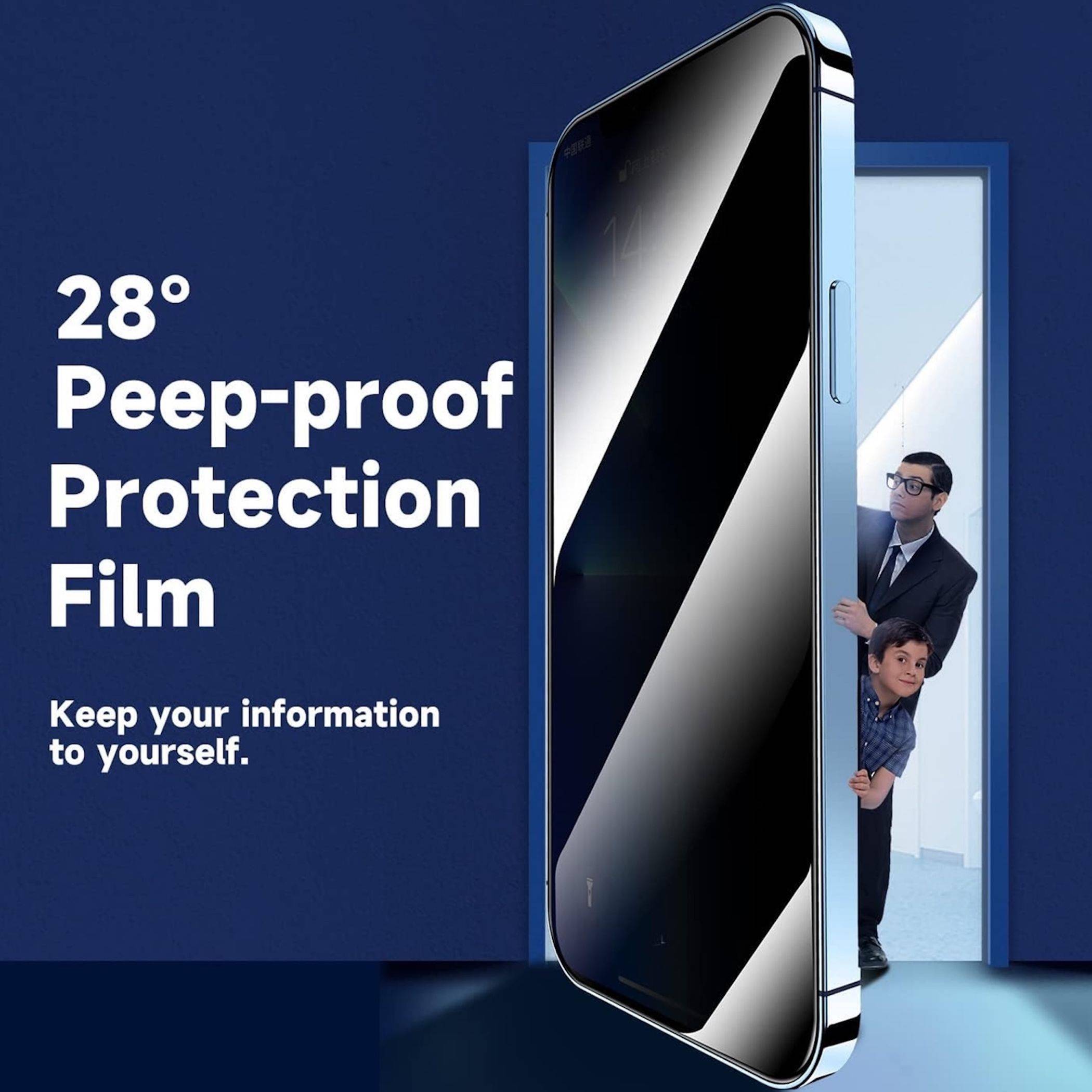 Anzeige für eine Displayschutzfolie für Handys: „28° Peepingschutz-Folie